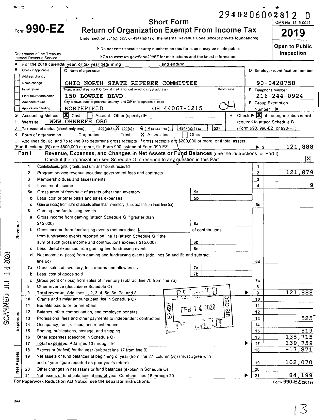 Image of first page of 2019 Form 990EO for Ohio North State Referee Committee