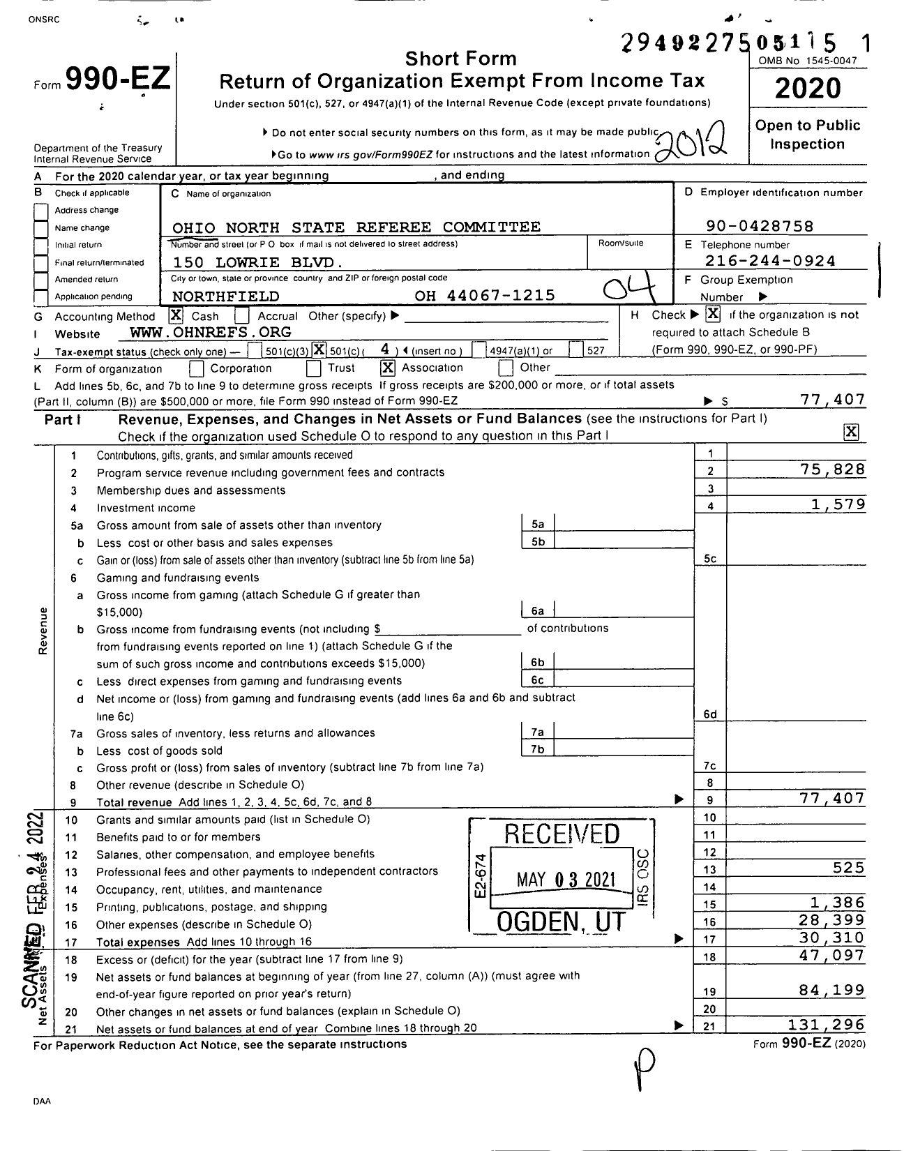 Image of first page of 2020 Form 990EO for Ohio North State Referee Committee