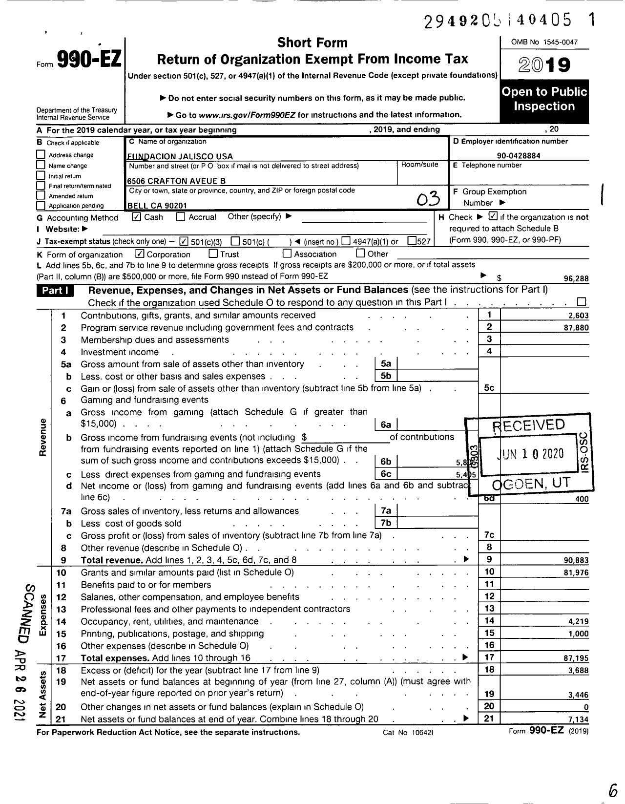 Image of first page of 2019 Form 990EZ for Fundacion Jalisco USA