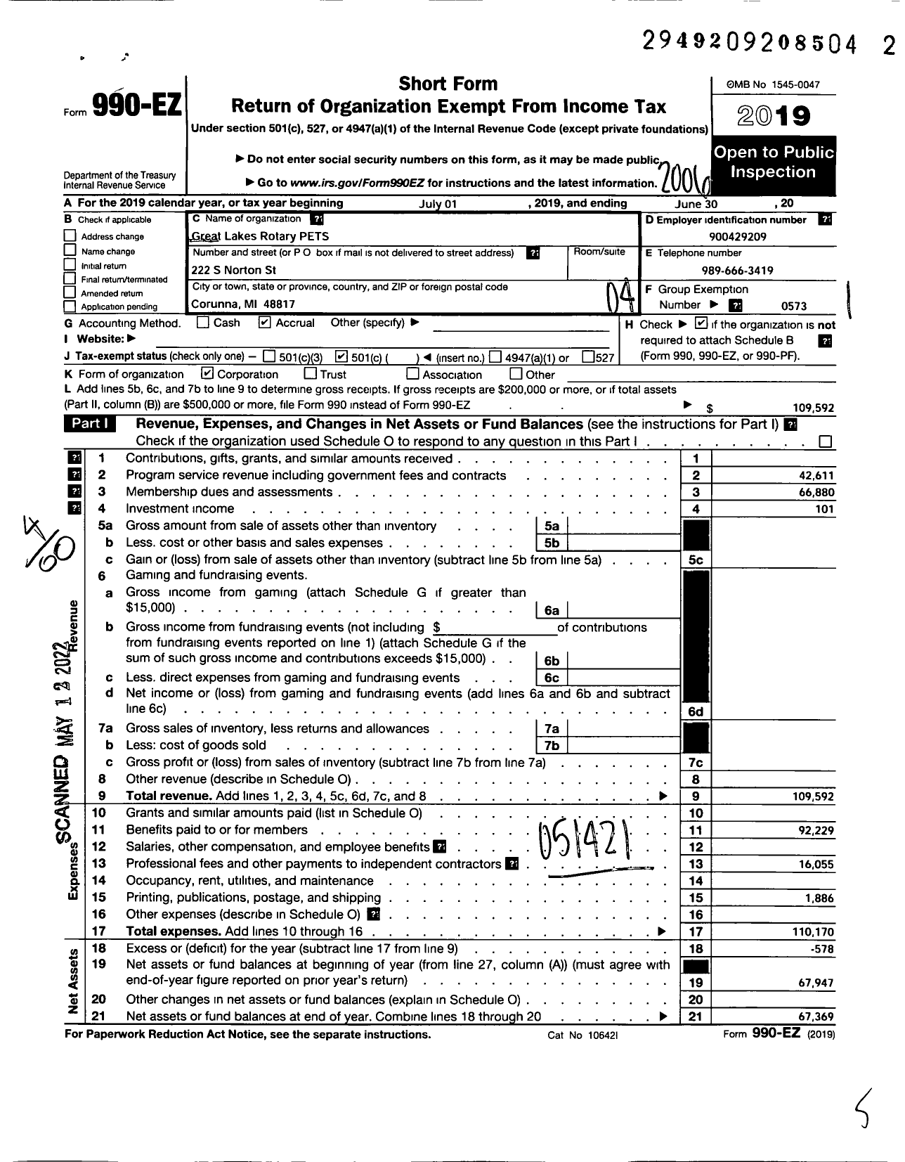 Image of first page of 2019 Form 990EO for Rotary International - Great Lakes Multi-Pets