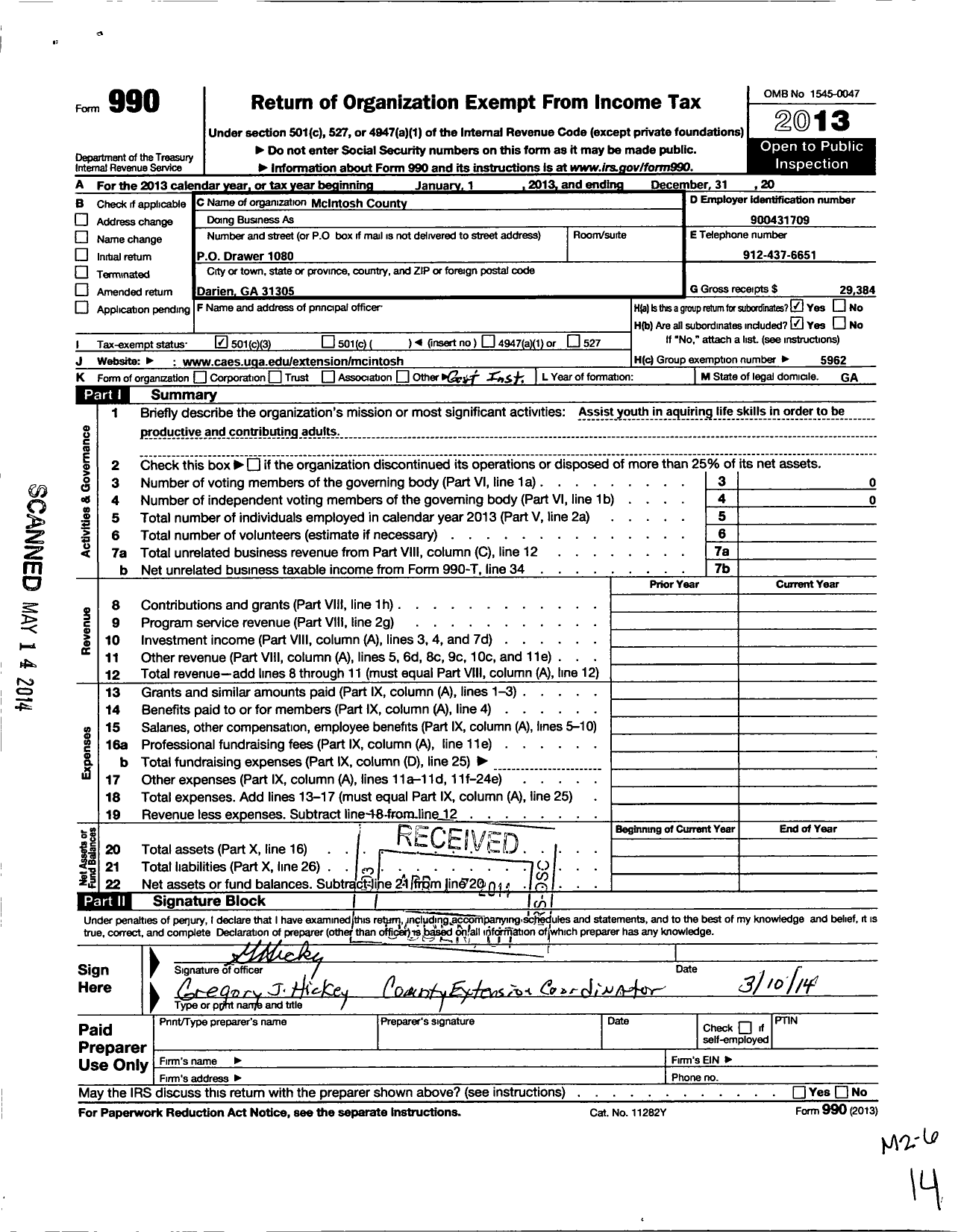 Image of first page of 2013 Form 990 for Georgia Extension 4-H Foundation / Mcintosh County Extension 4-H