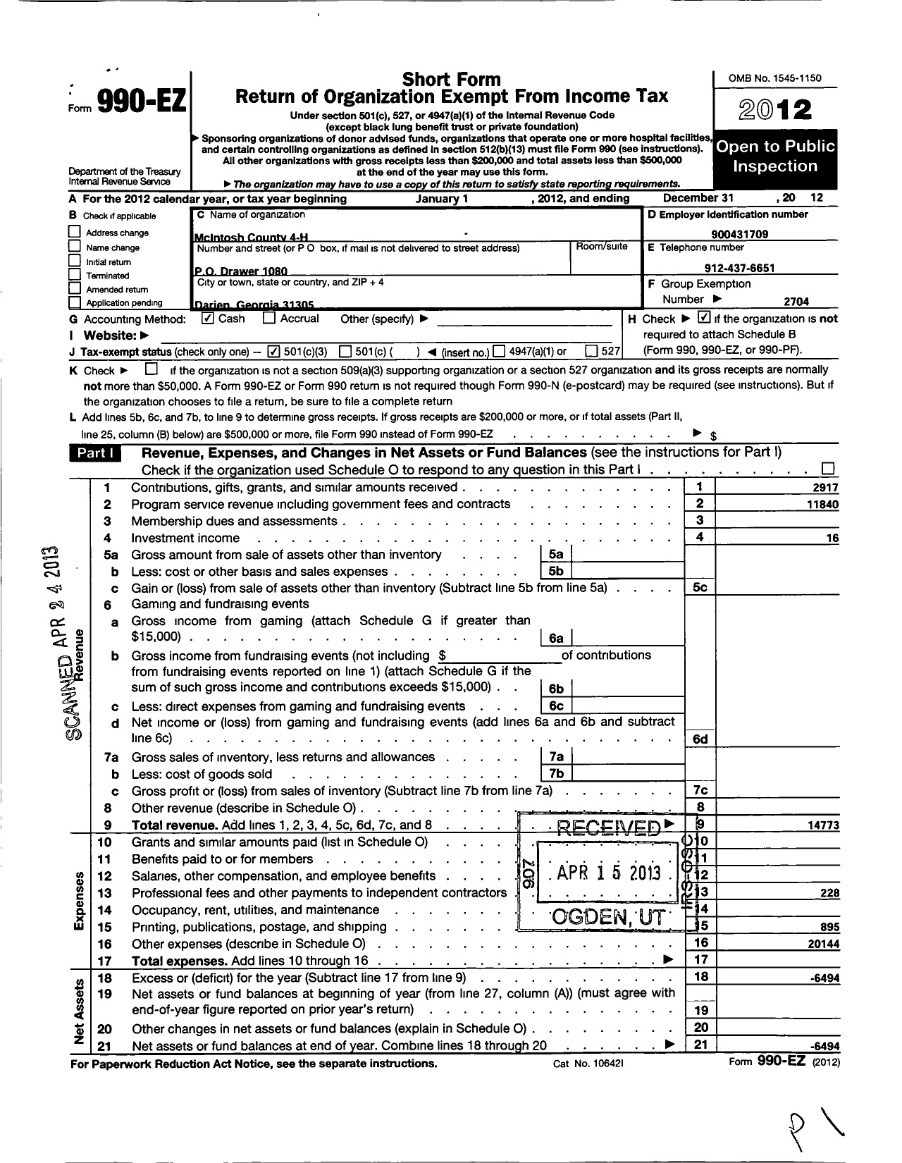 Image of first page of 2012 Form 990EZ for Georgia Extension 4-H Foundation / Mcintosh County Extension 4-H