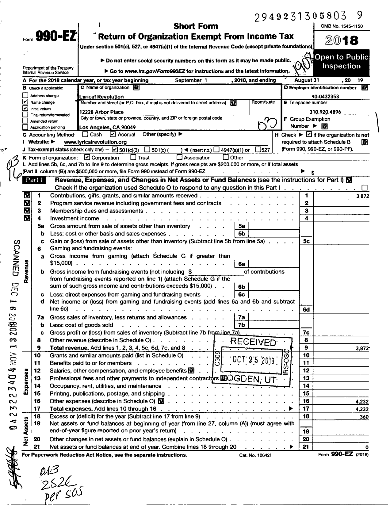 Image of first page of 2018 Form 990EZ for Lyrical Revolution