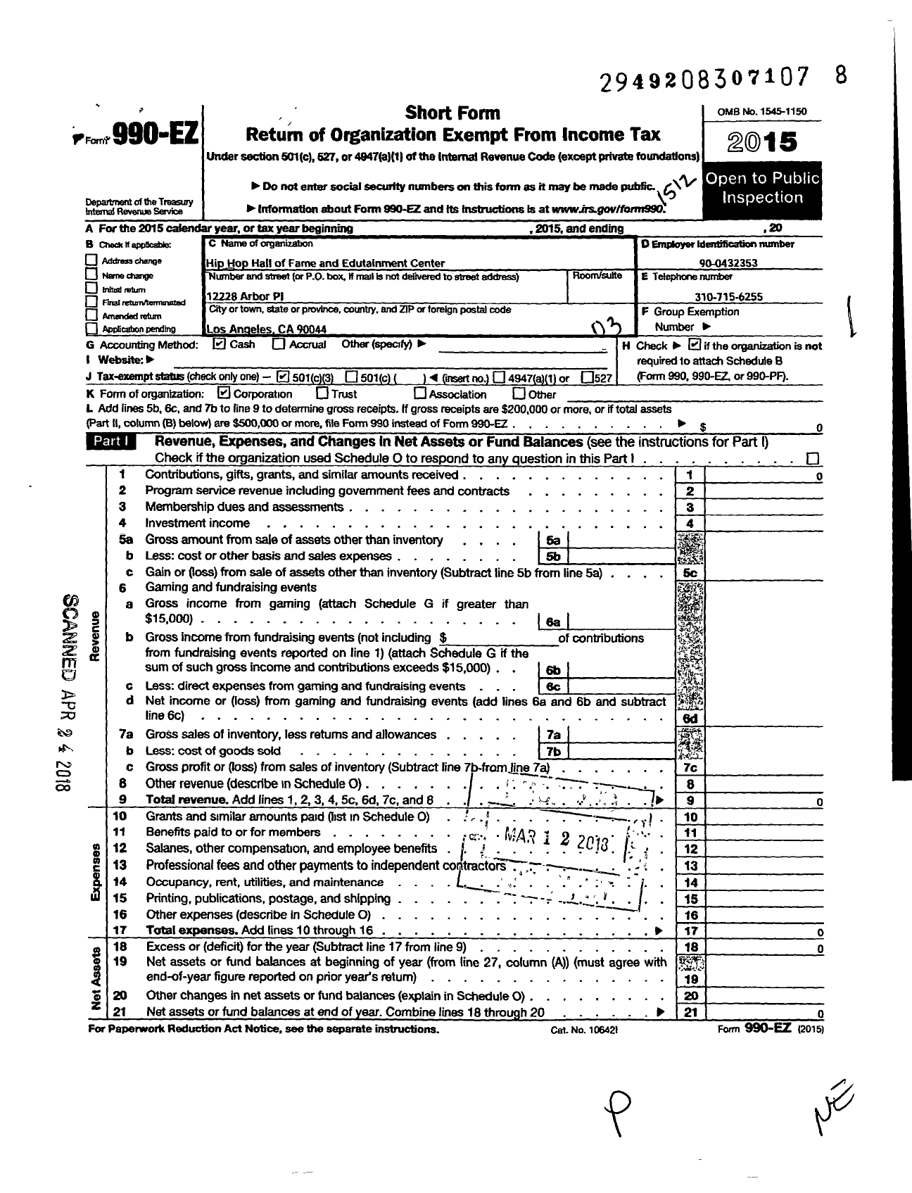 Image of first page of 2015 Form 990EZ for Lyrical Revolution