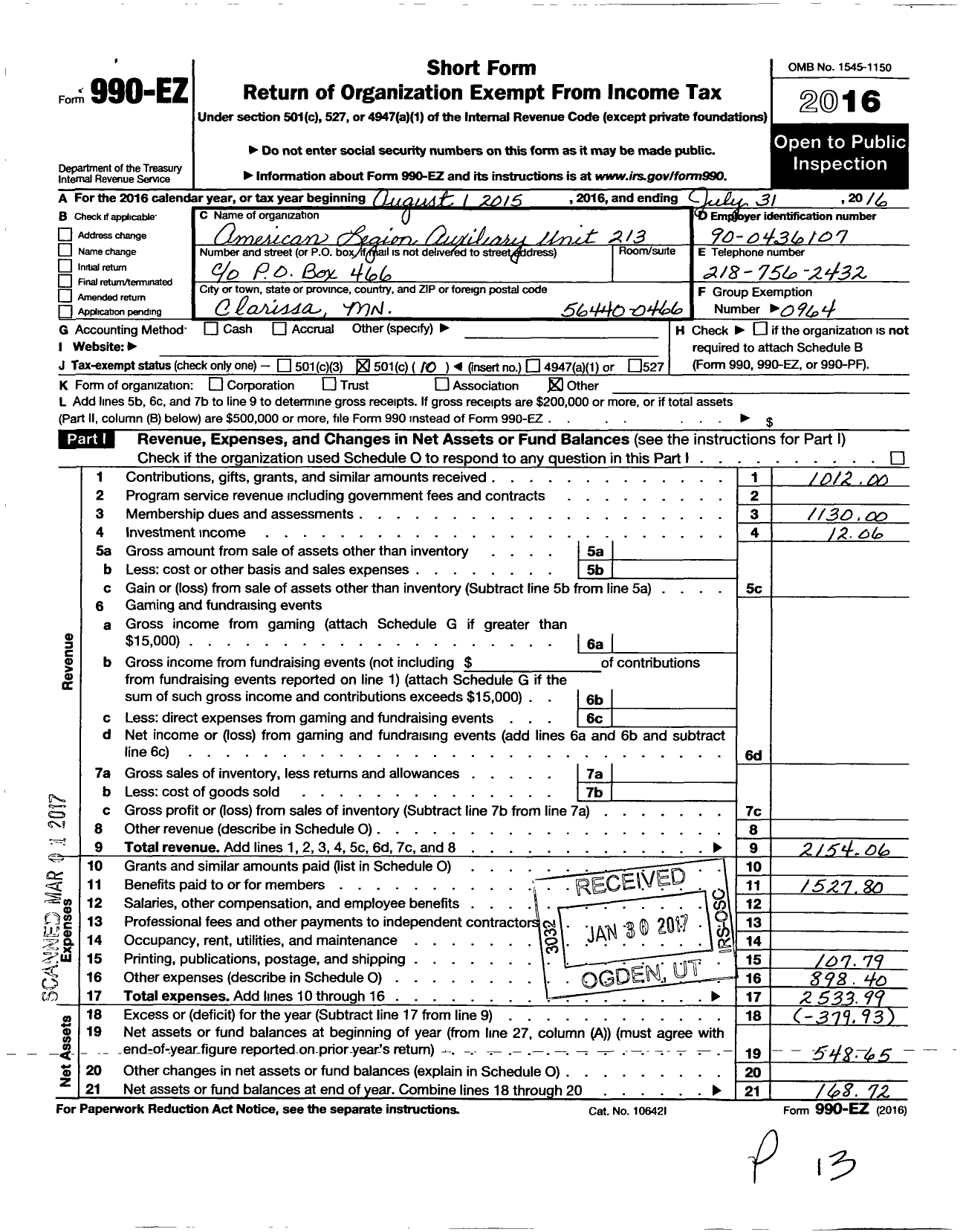 Image of first page of 2015 Form 990EO for American Legion Auxiliary