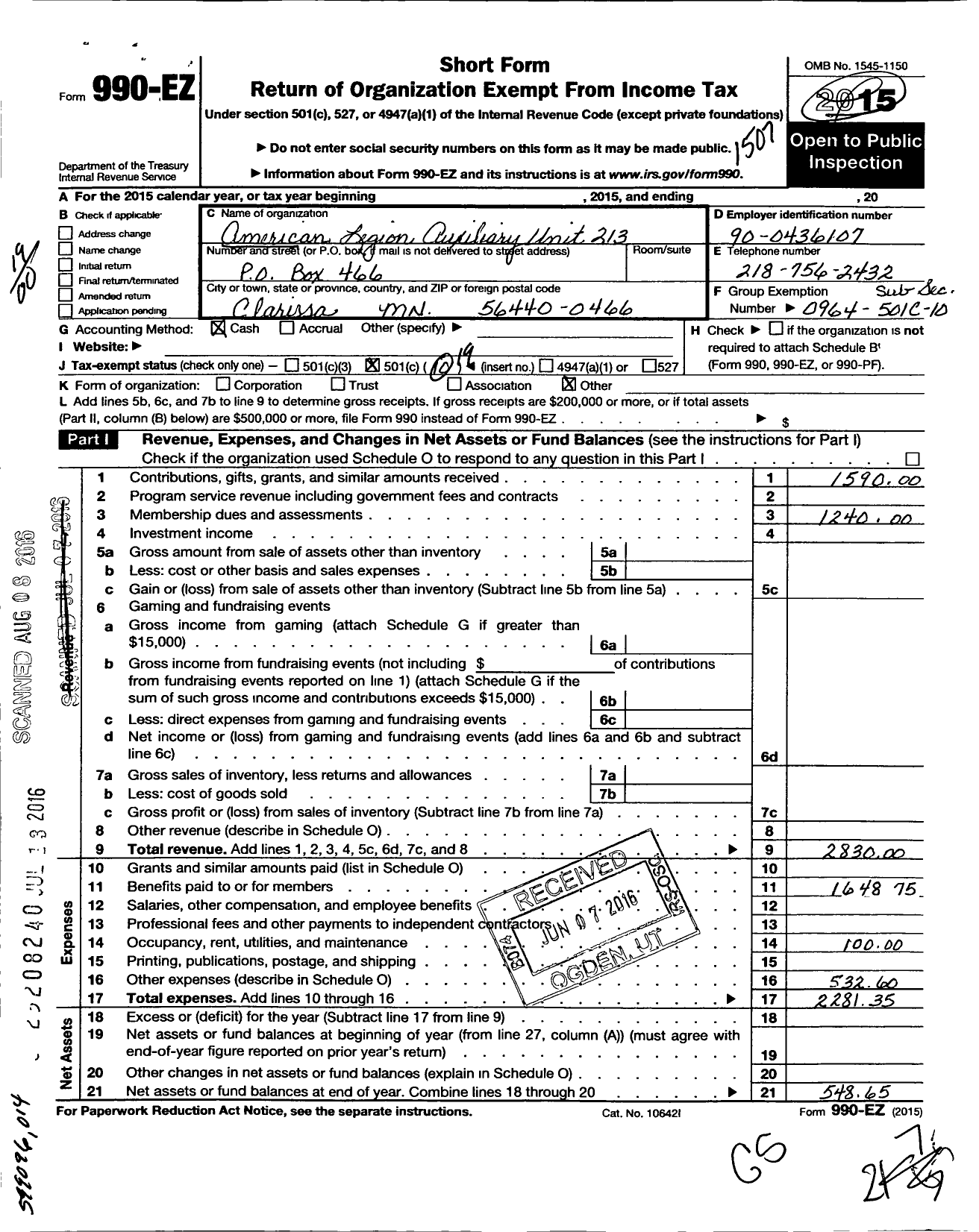 Image of first page of 2014 Form 990EO for American Legion Auxiliary