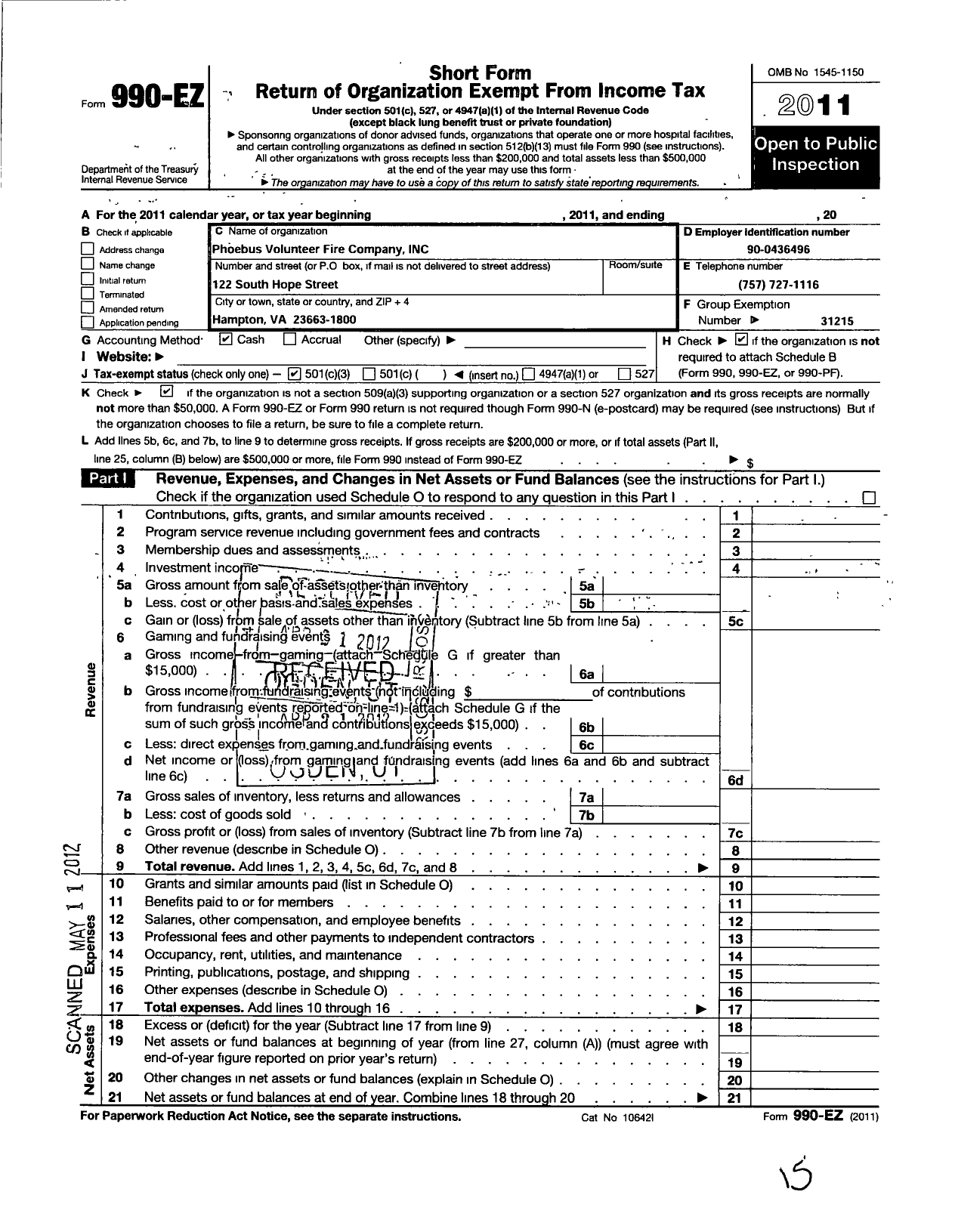 Image of first page of 2011 Form 990EZ for Phoebus Volunteer Fire