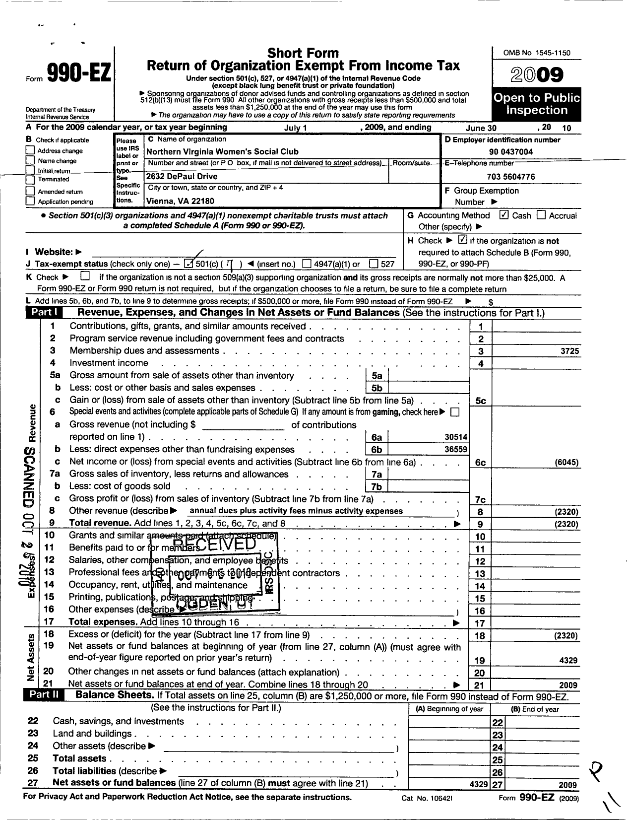 Image of first page of 2009 Form 990EO for Northern Virginia Womens Social Club