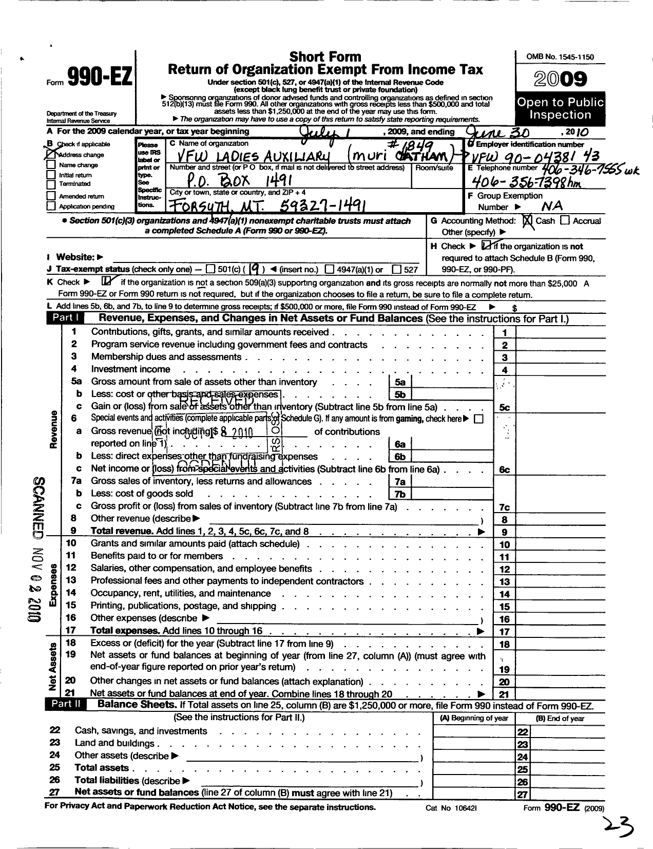 Image of first page of 2009 Form 990EO for Department of Montana Ladies Auxiliary To the VFW of the U S - 1849 Muri Chatham VFW