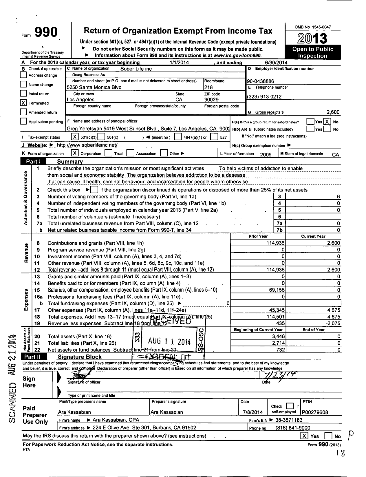 Image of first page of 2013 Form 990 for Sober Life