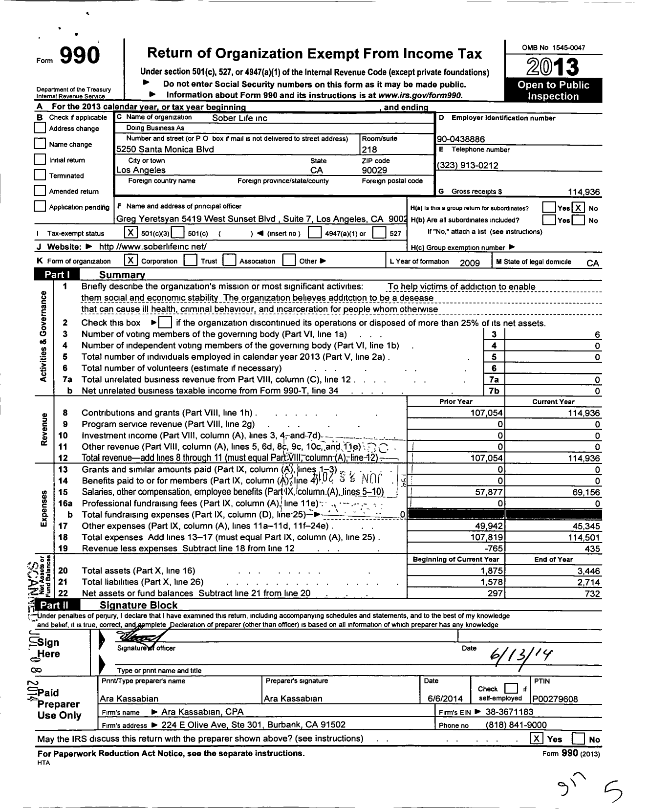 Image of first page of 2013 Form 990 for Sober Life