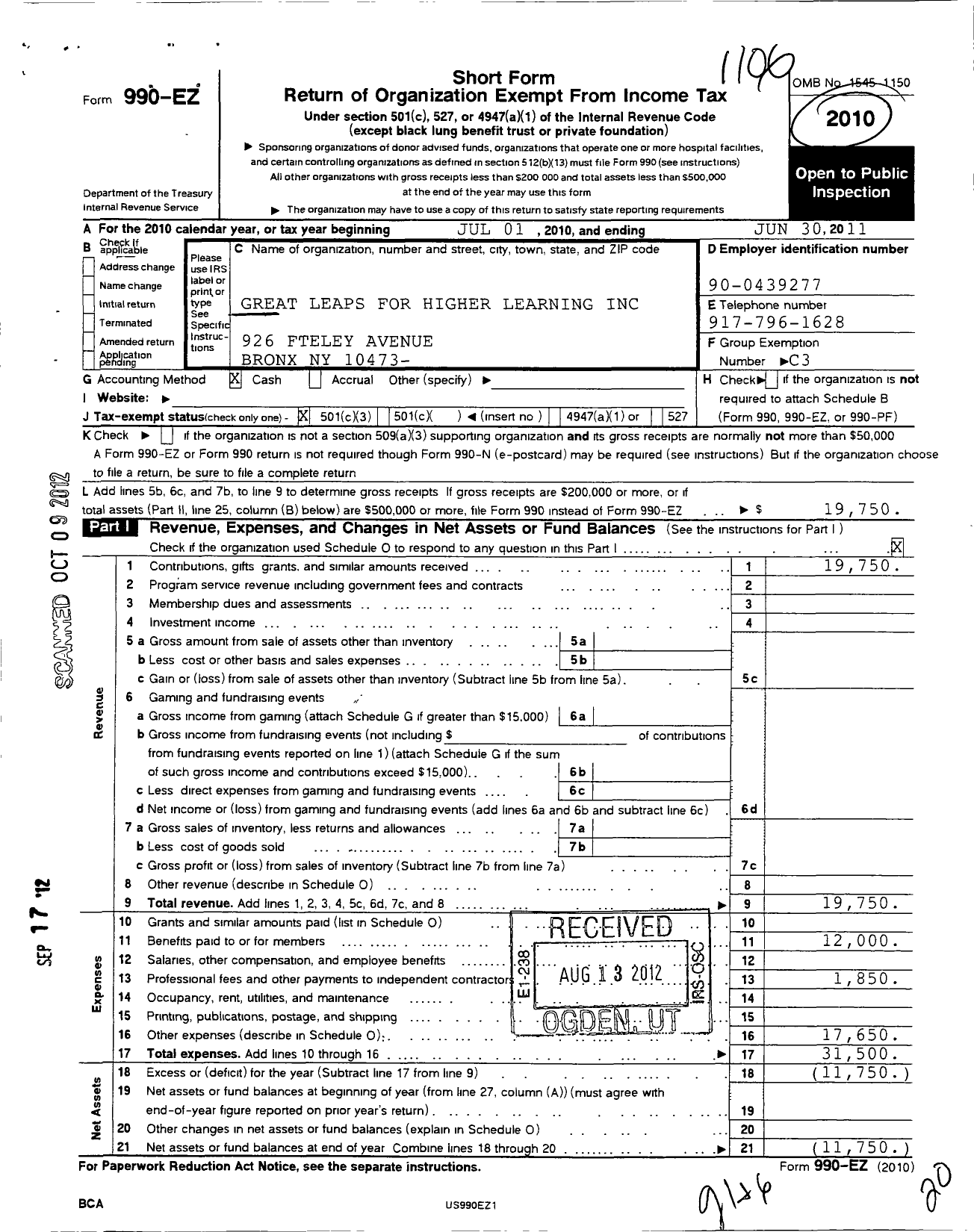 Image of first page of 2010 Form 990EZ for Great Leaps for Higher Learning