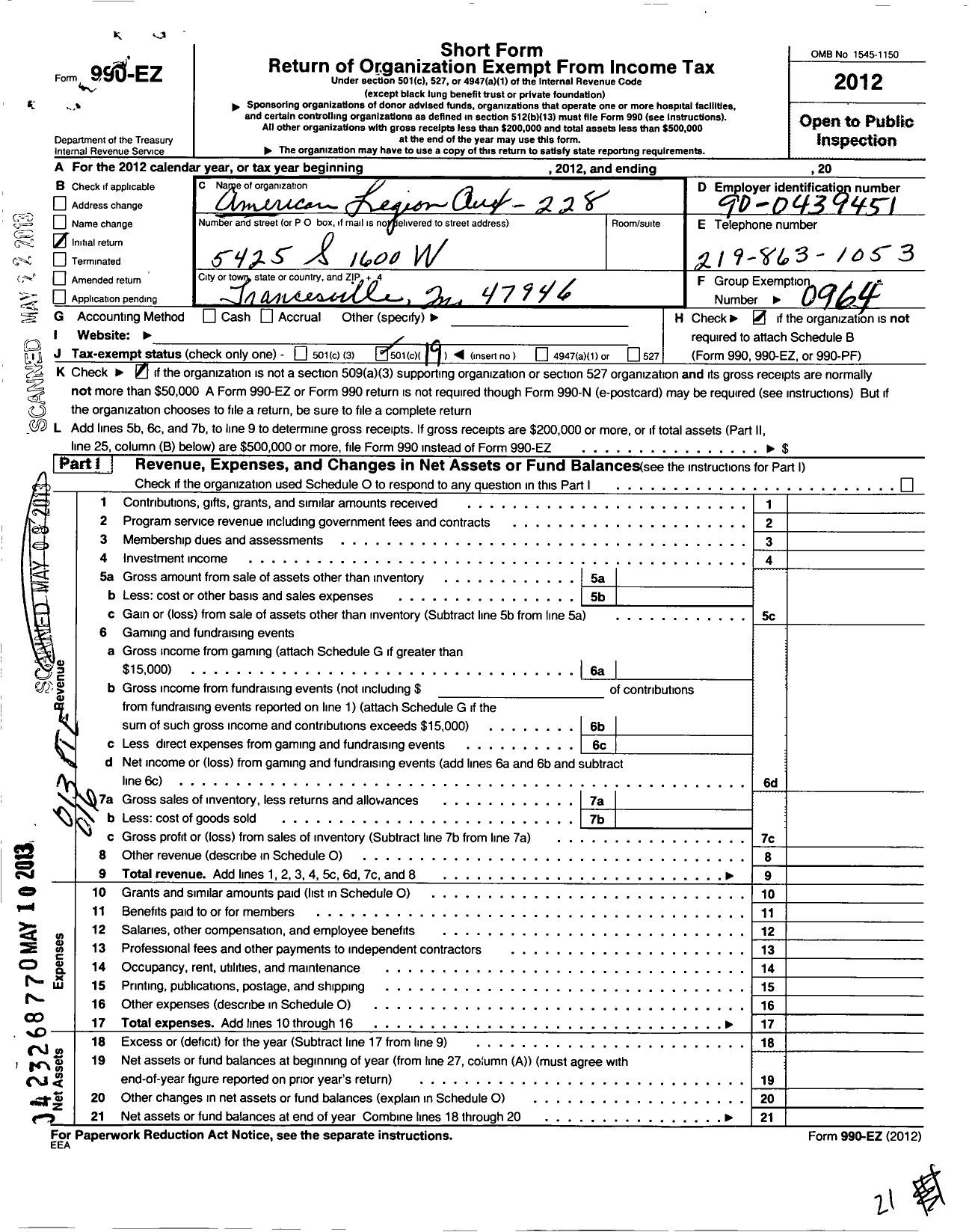 Image of first page of 2012 Form 990EO for American Legion Auxiliary - 228 Jesse Engle