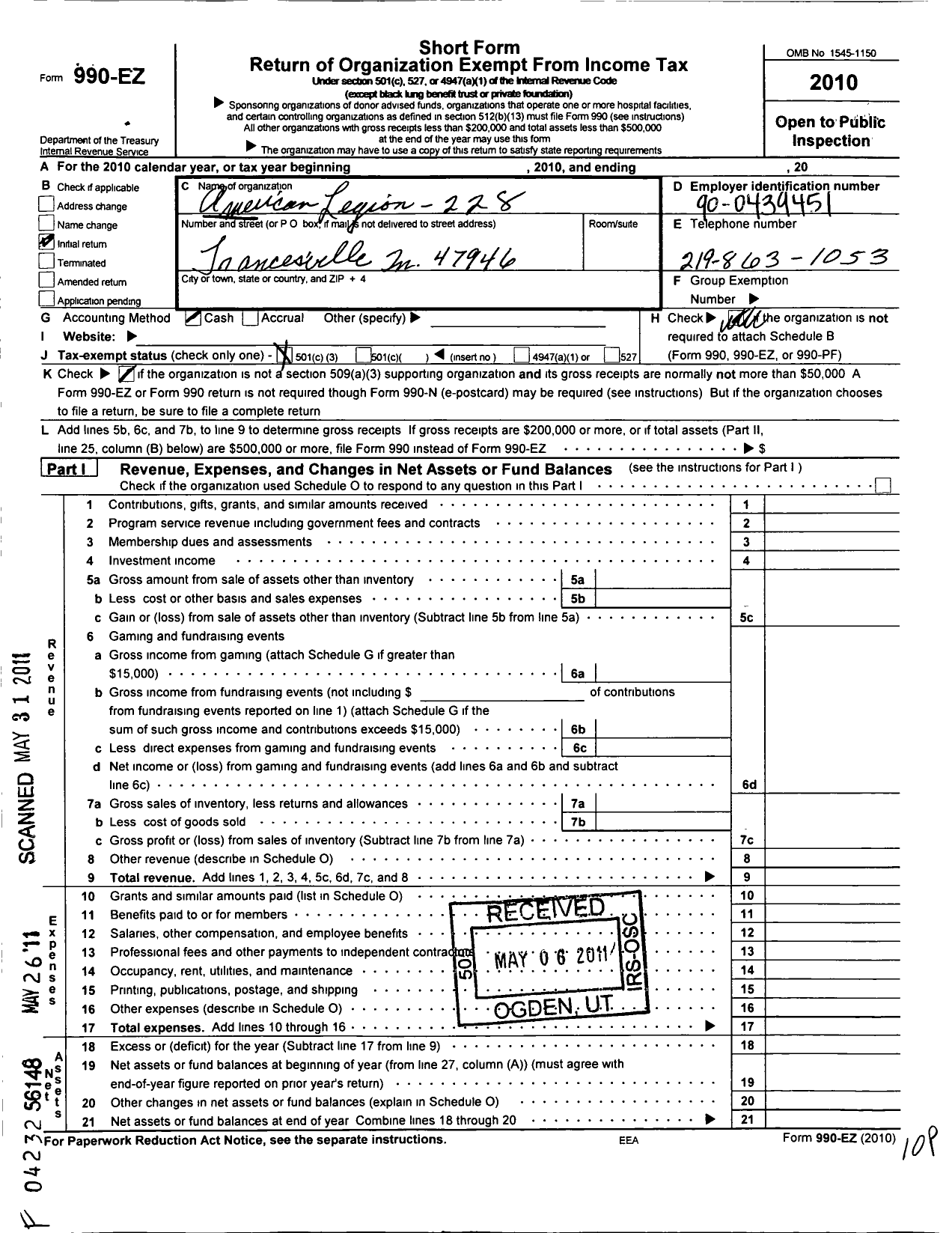 Image of first page of 2010 Form 990EZ for American Legion Auxiliary - 228 Jesse Engle