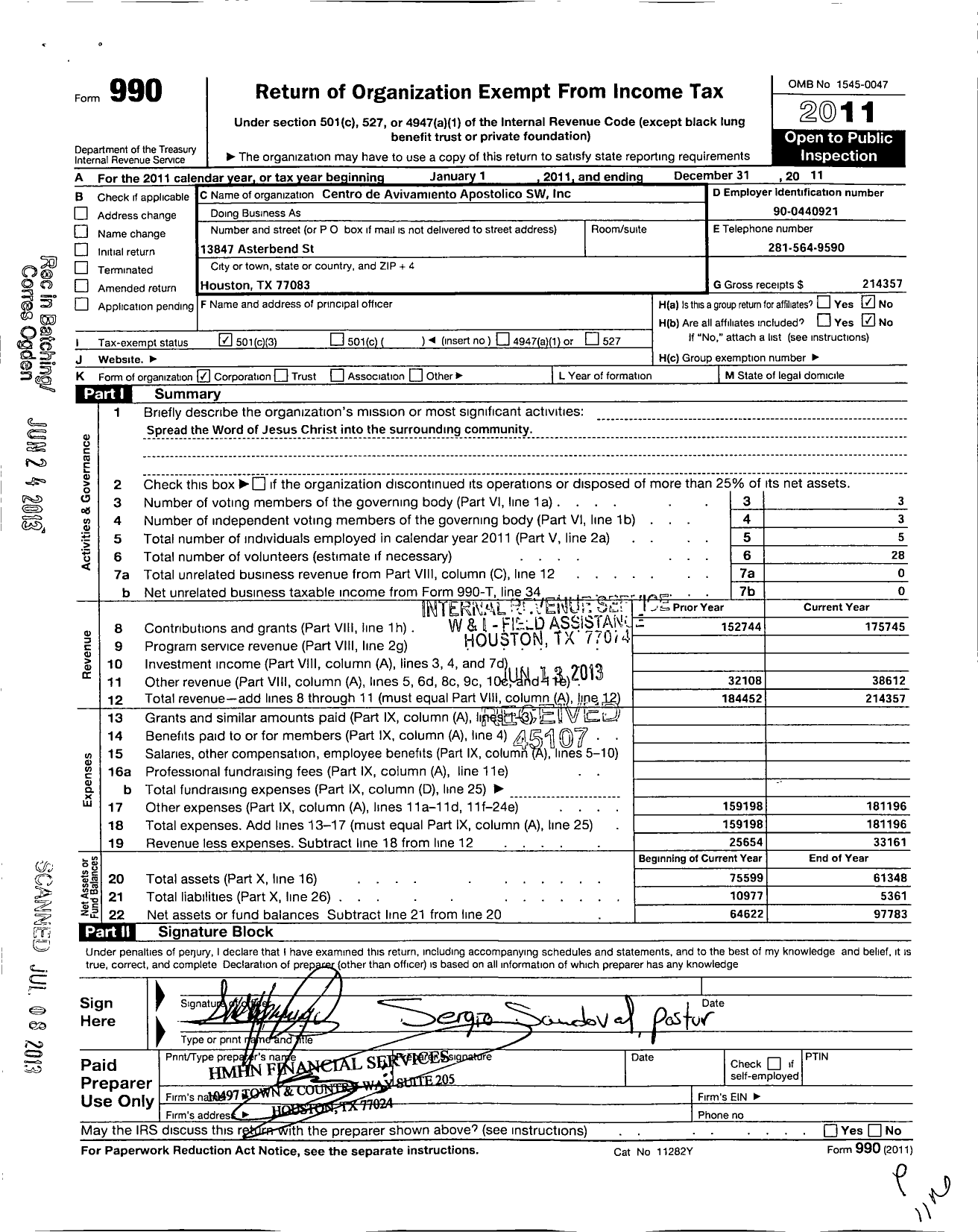 Image of first page of 2011 Form 990 for Centro de Avivamiento Apostolico SW