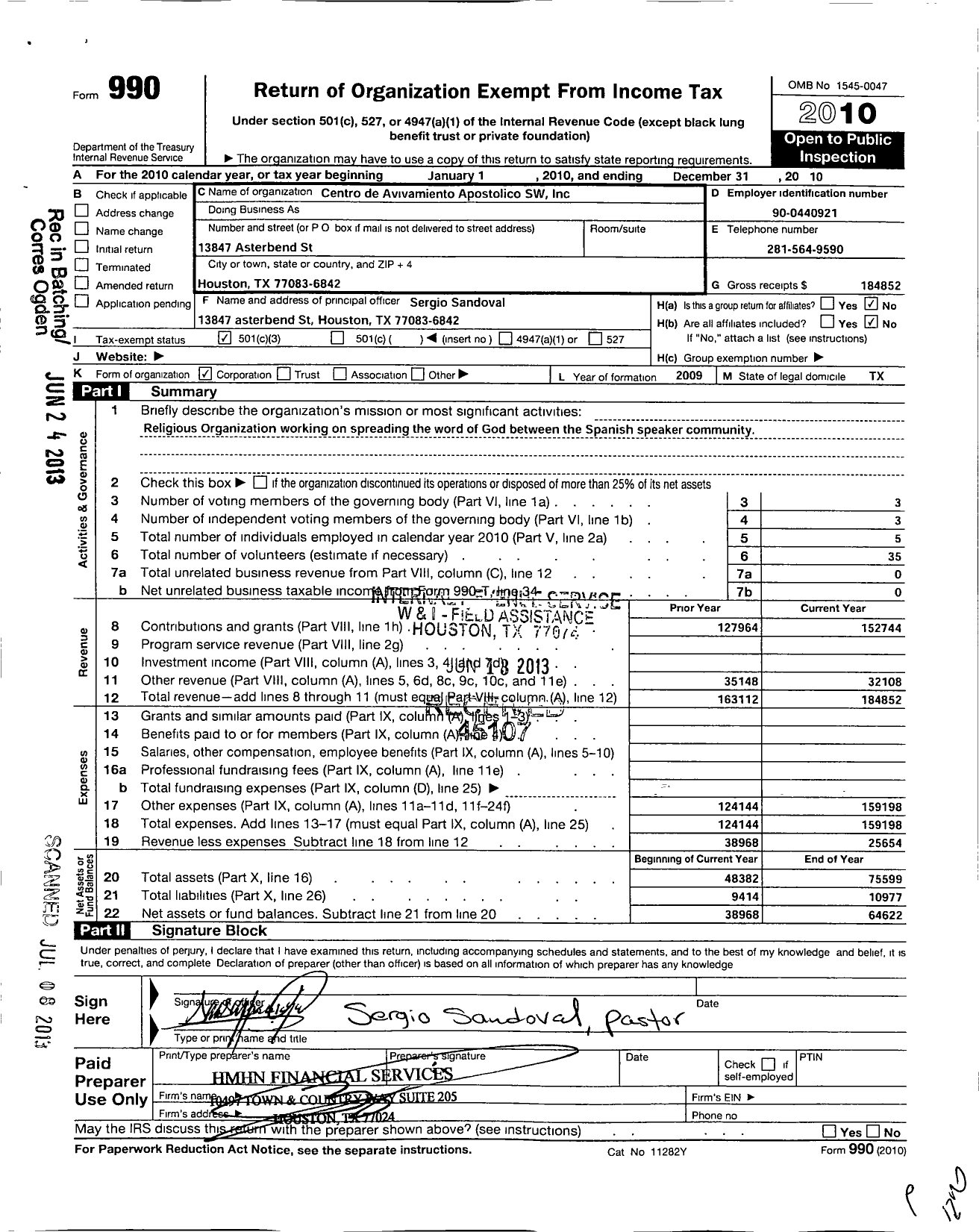 Image of first page of 2010 Form 990 for Centro de Avivamiento Apostolico SW