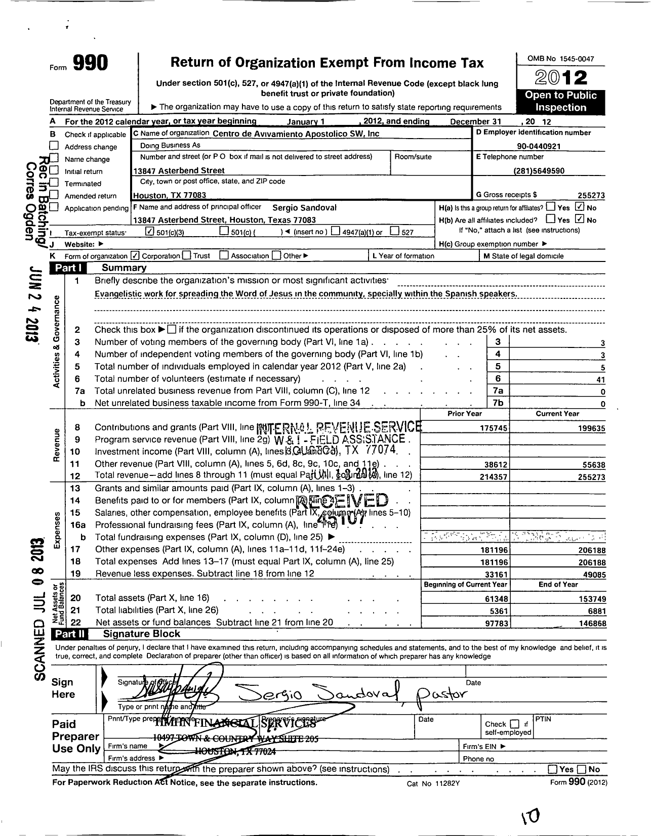 Image of first page of 2012 Form 990 for Centro de Avivamiento Apostolico SW