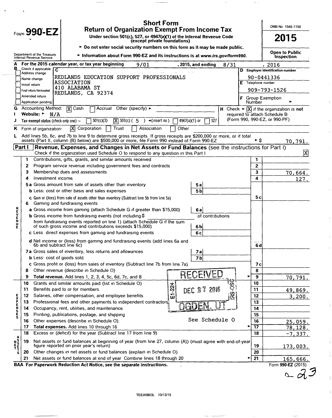 Image of first page of 2015 Form 990EO for California Teachers Association - Redlands Educ Support Prof Assn