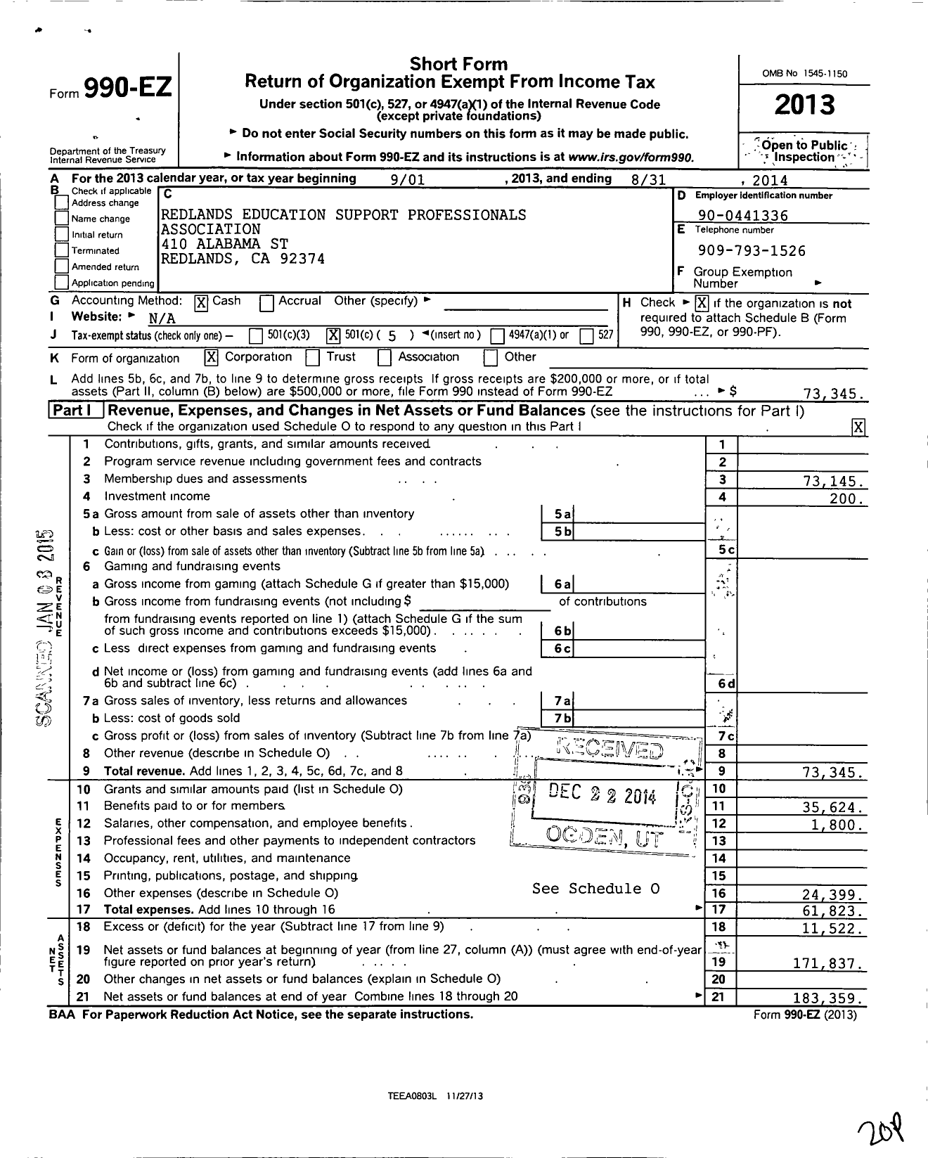 Image of first page of 2013 Form 990EO for California Teachers Association - Redlands Educ Support Prof Assn