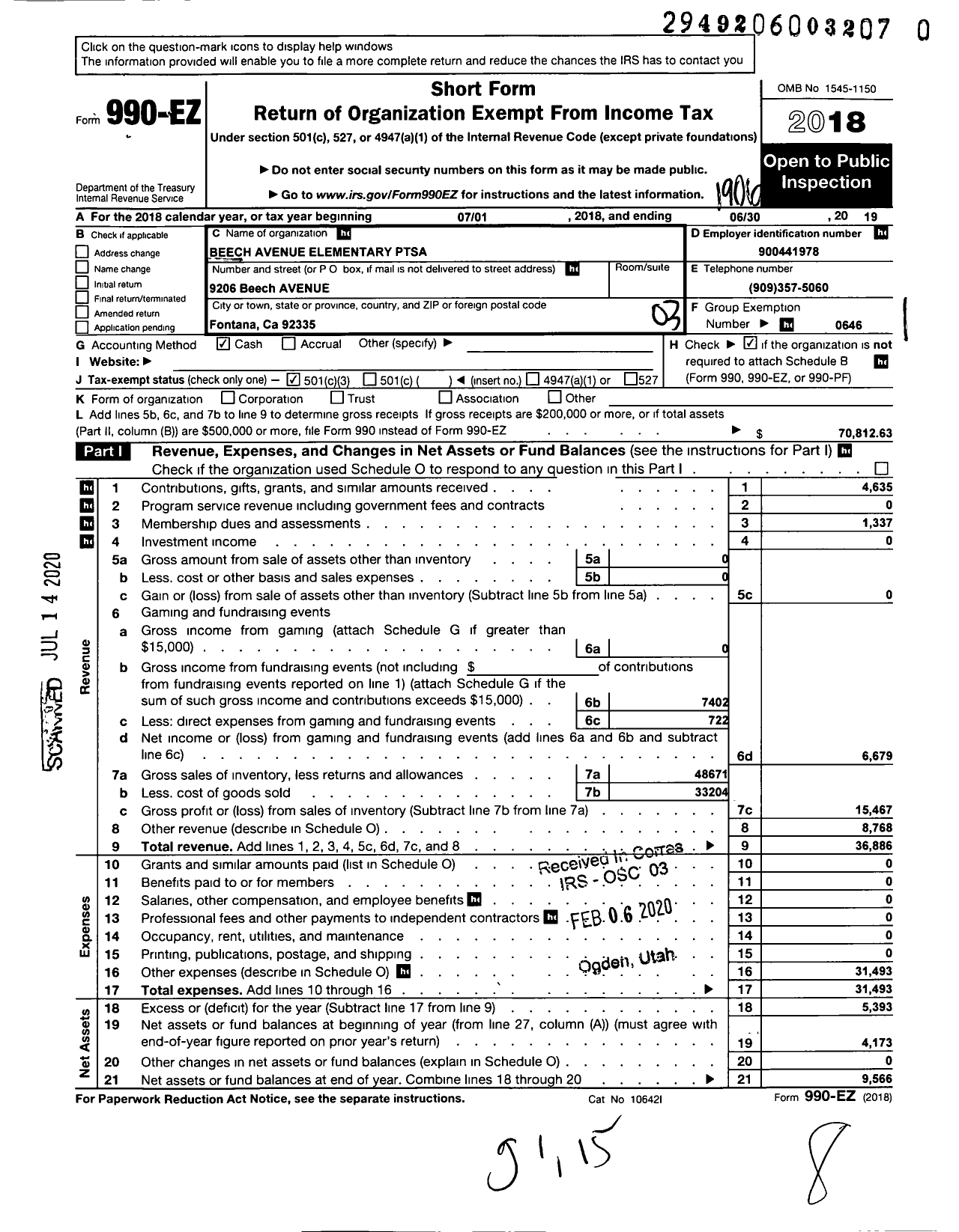 Image of first page of 2018 Form 990EZ for California State PTA - Beech Avenue Ptsa