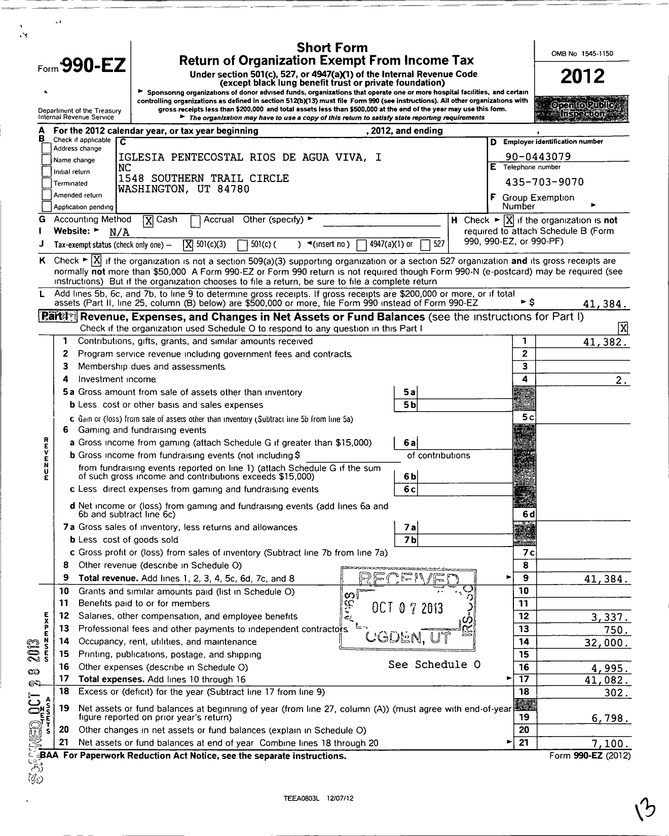 Image of first page of 2012 Form 990EZ for Iglesia Pentecostal Rios de Agua Viva