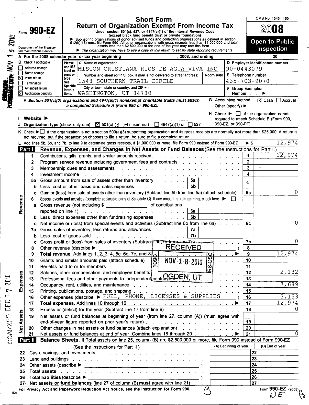 Image of first page of 2008 Form 990EZ for Iglesia Pentecostal Rios de Agua Viva