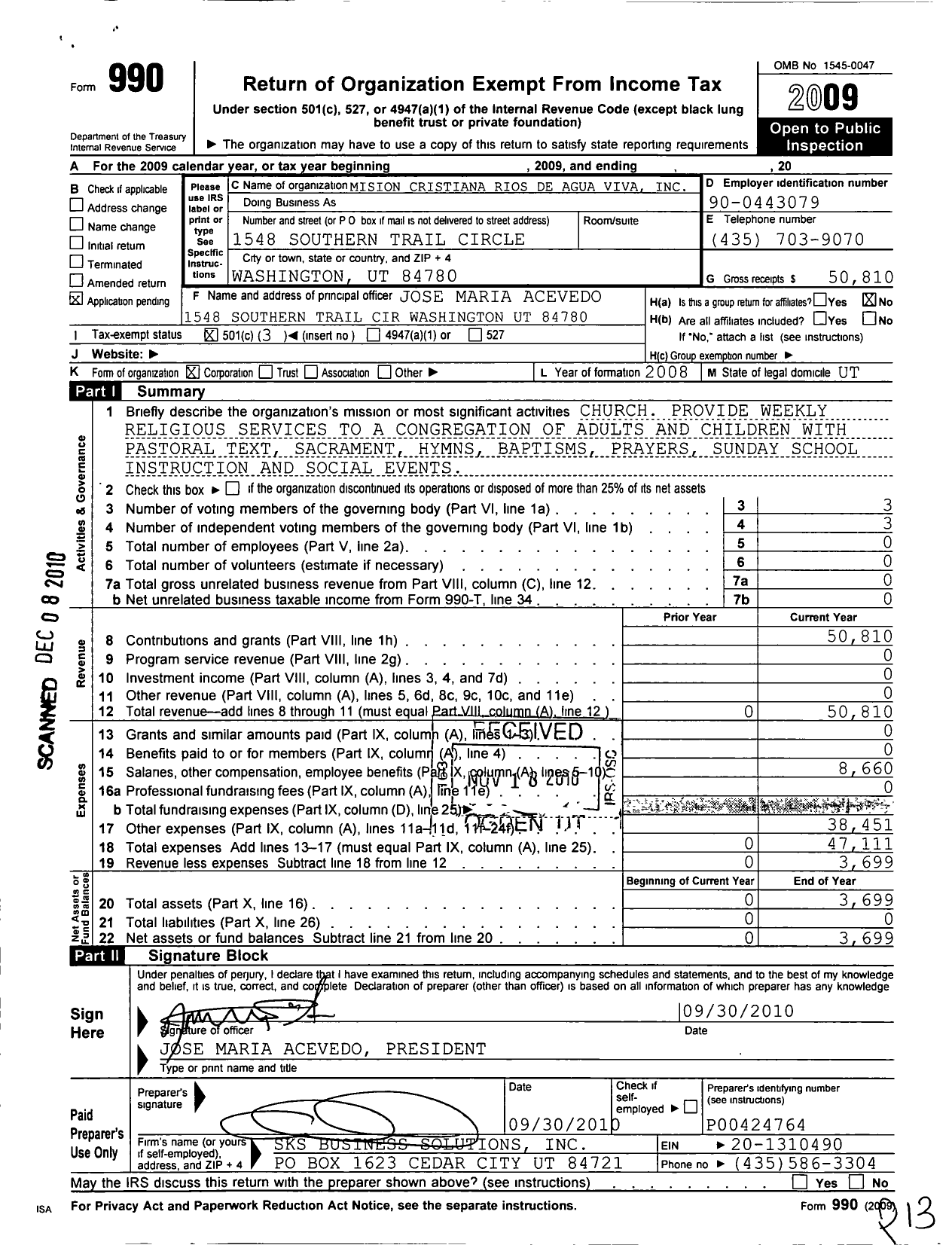 Image of first page of 2009 Form 990 for Iglesia Pentecostal Rios de Agua Viva