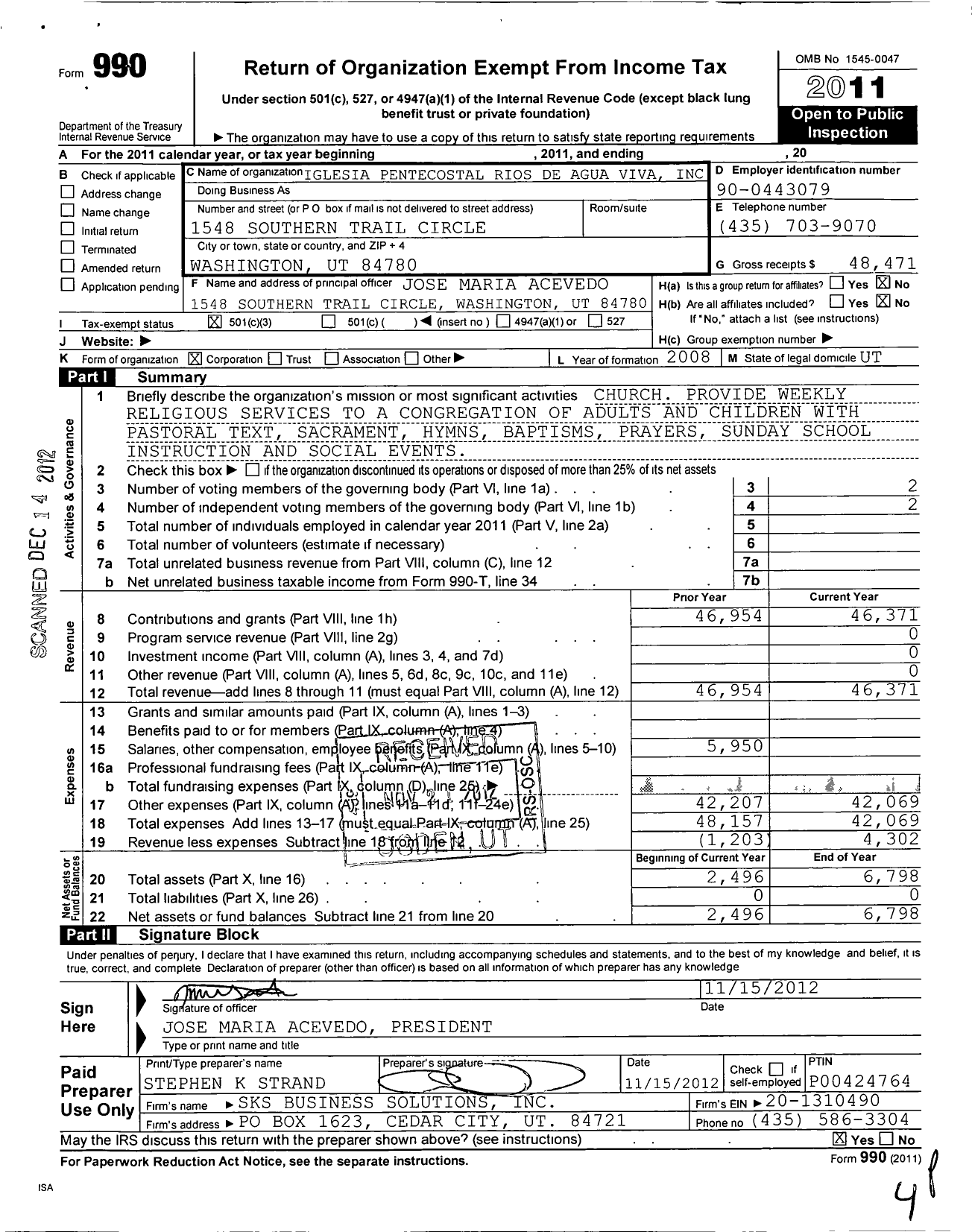 Image of first page of 2011 Form 990 for Iglesia Pentecostal Rios de Agua Viva