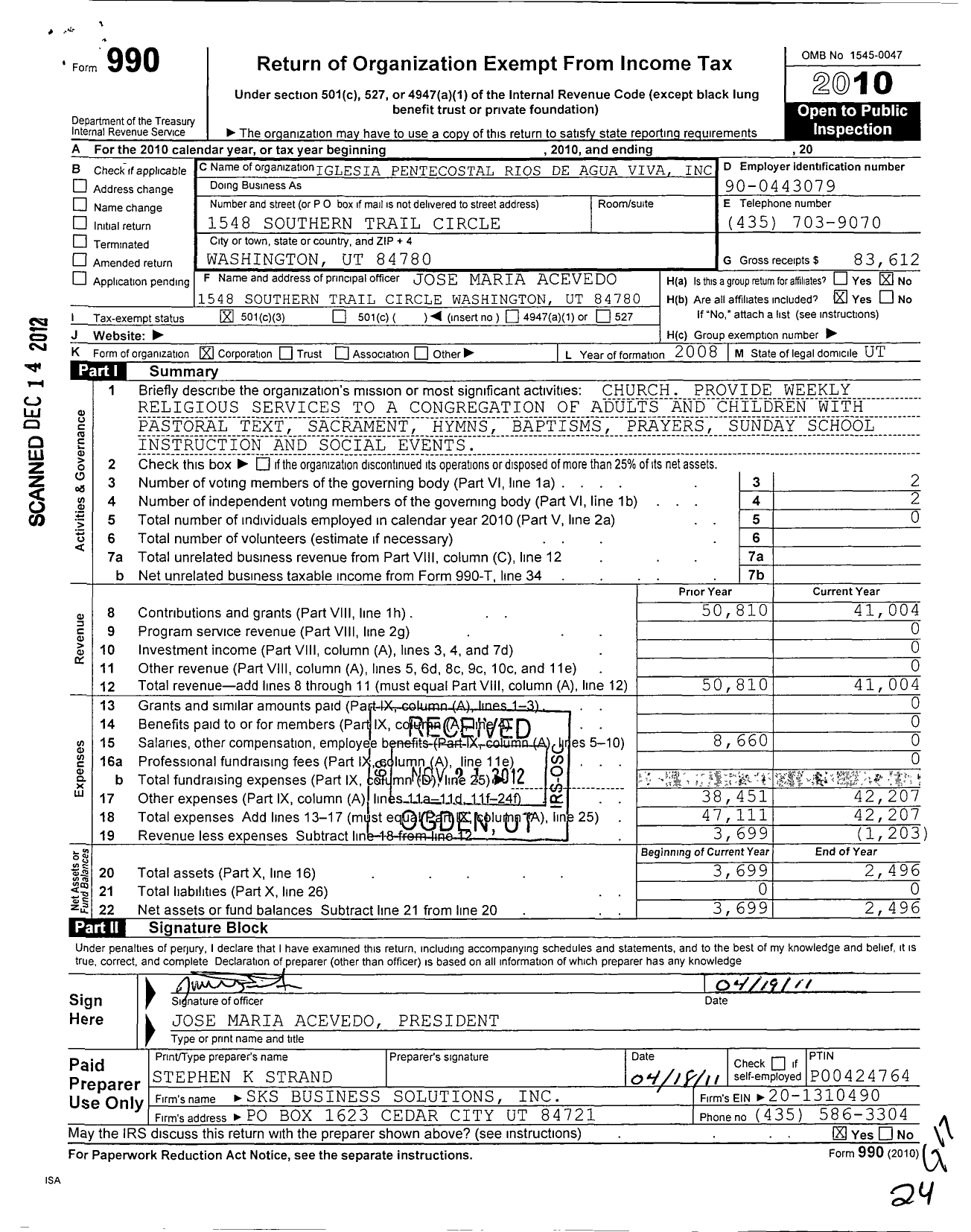 Image of first page of 2010 Form 990 for Iglesia Pentecostal Rios de Agua Viva