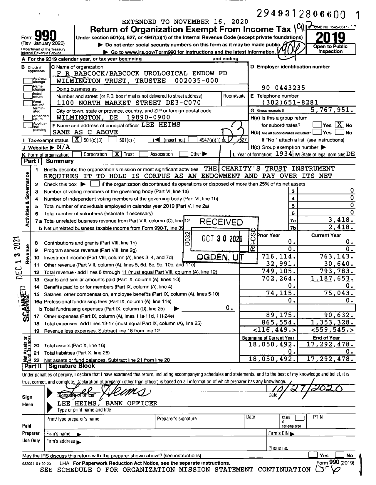 Image of first page of 2019 Form 990 for F R Babcockbabcock Urological Endow Fund