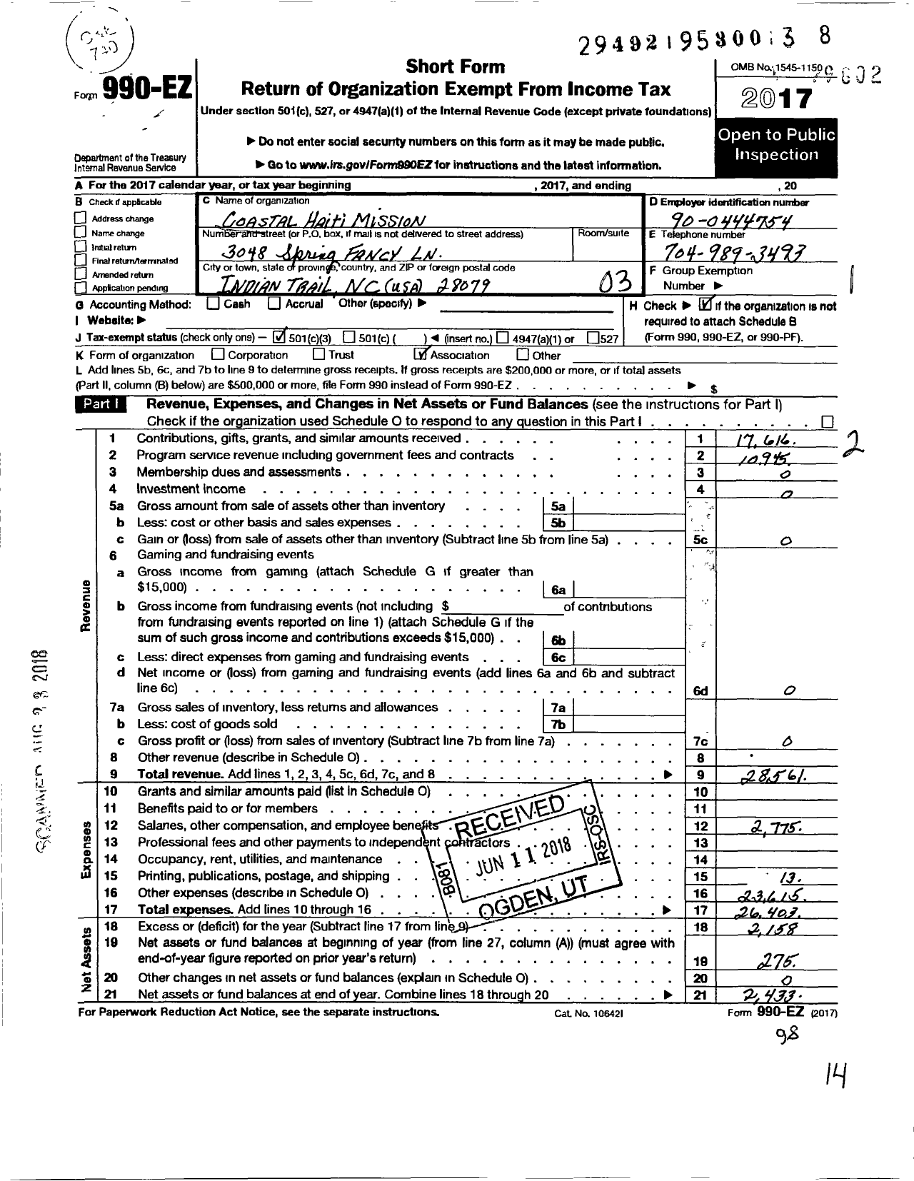 Image of first page of 2017 Form 990EZ for Coastal Haiti Mission