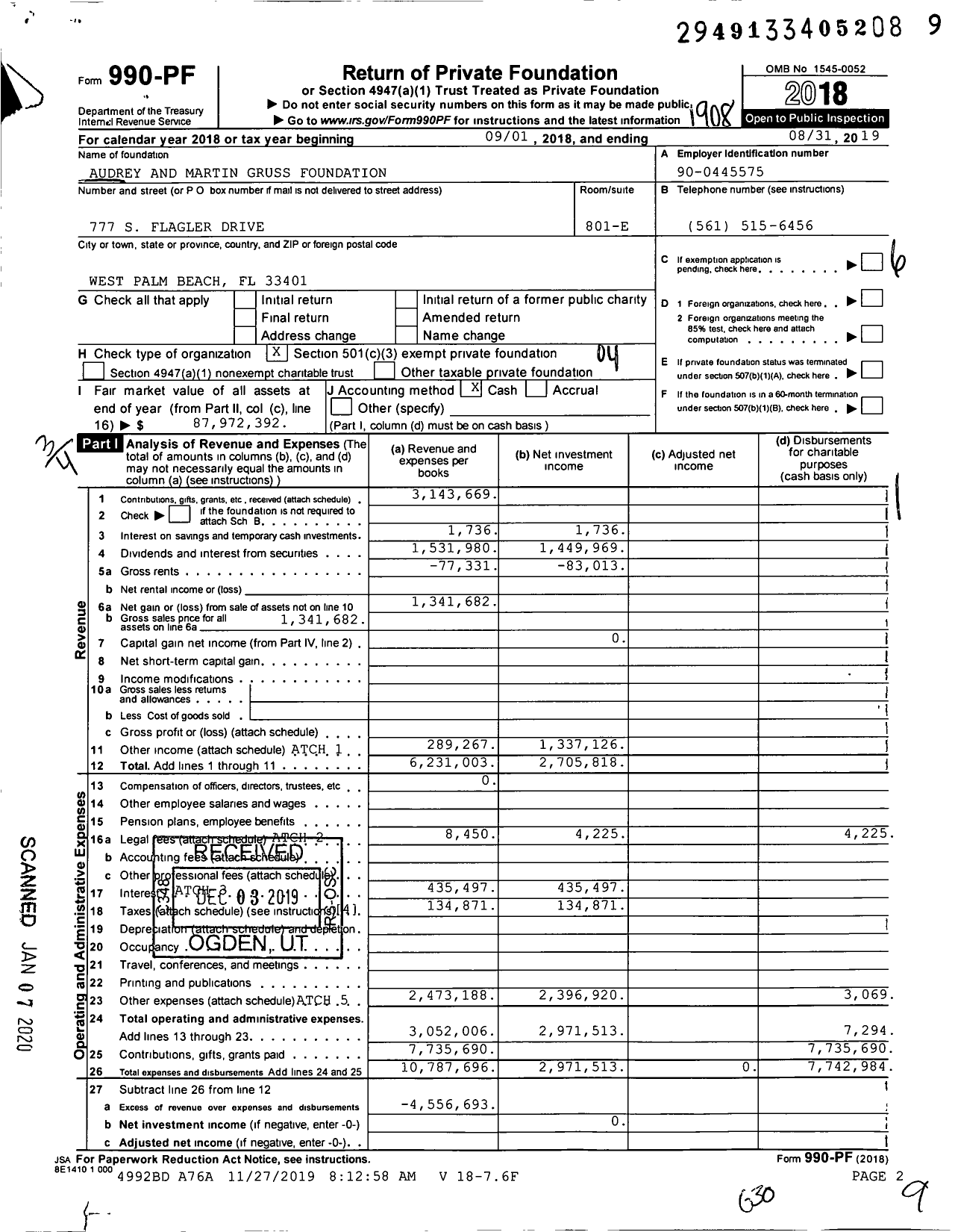 Image of first page of 2018 Form 990PF for Audrey and Martin Gruss Foundation