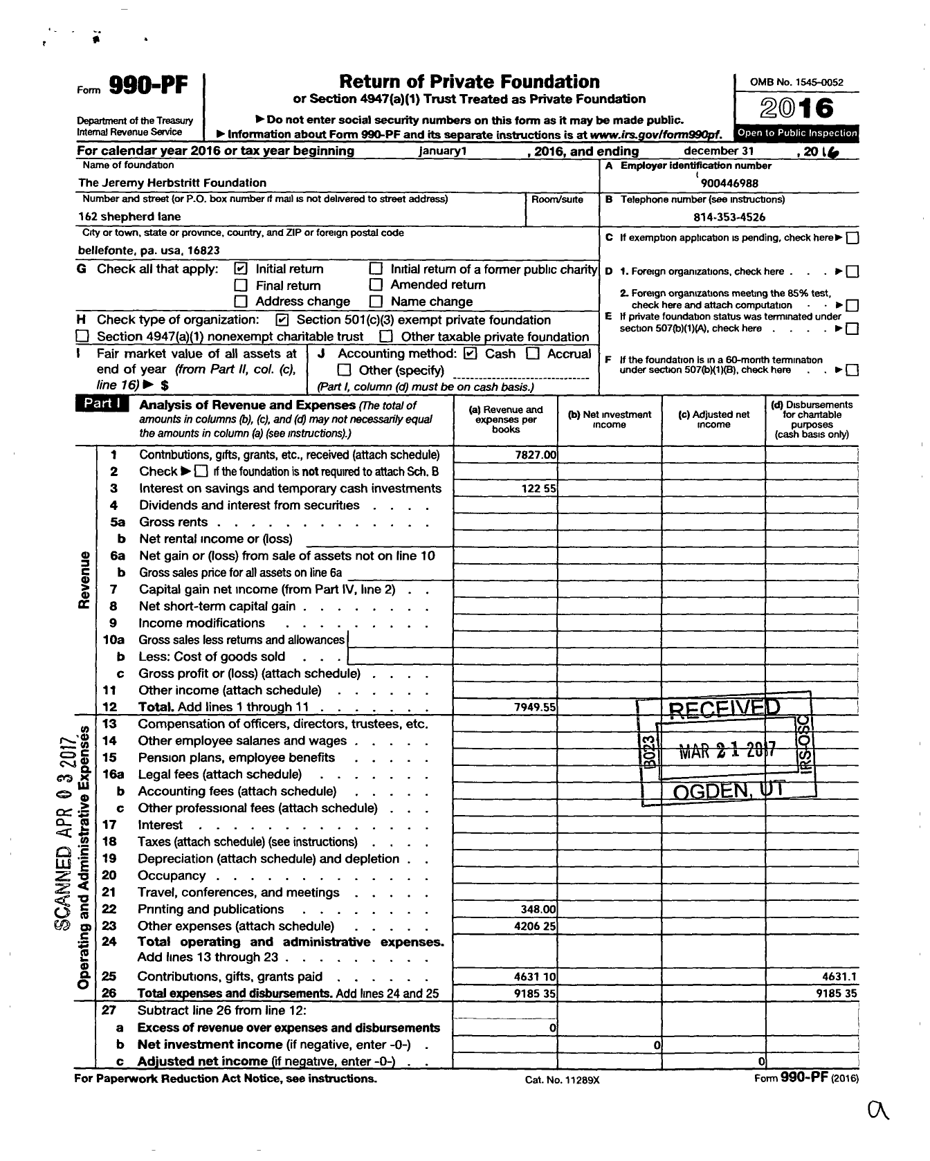 Image of first page of 2016 Form 990PF for The Jeremy Herbstritt Foundation