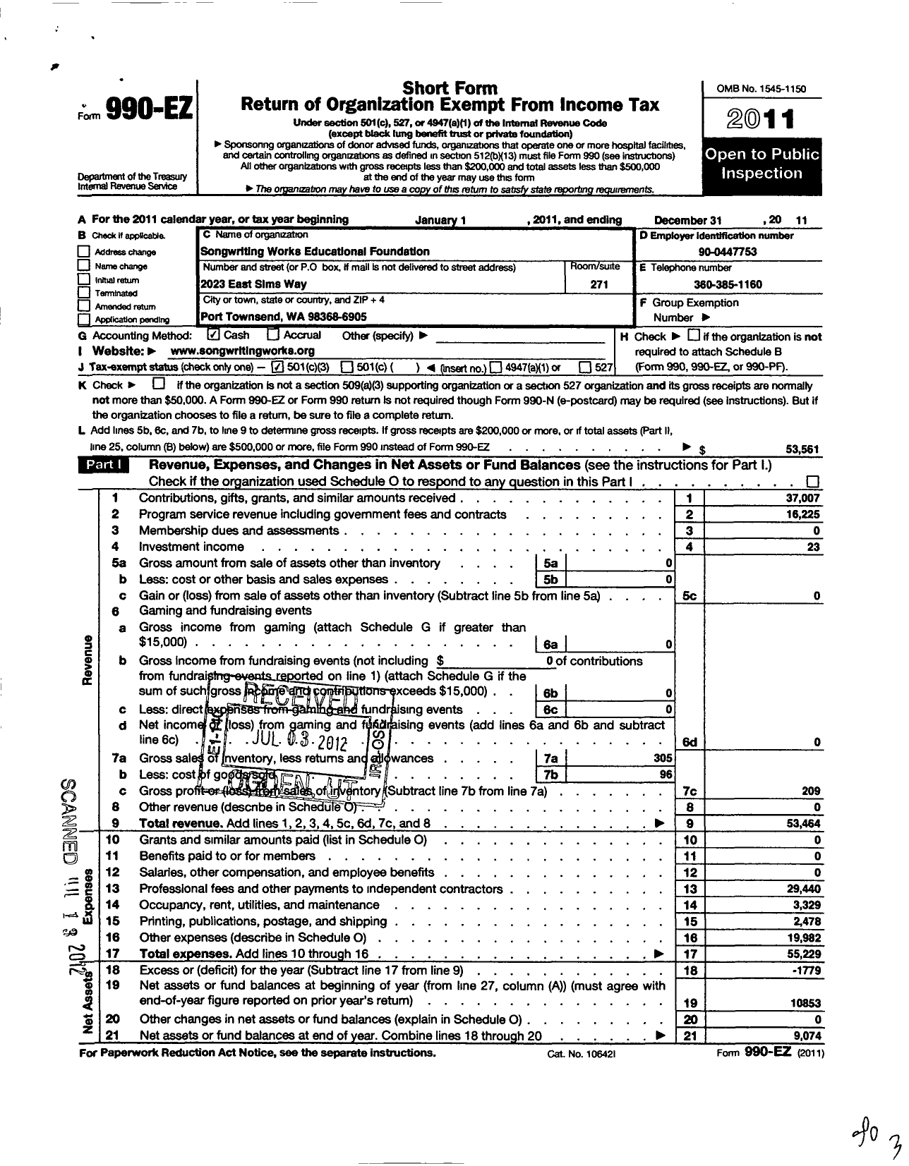 Image of first page of 2011 Form 990EZ for Songwriting Works Educational Foundation