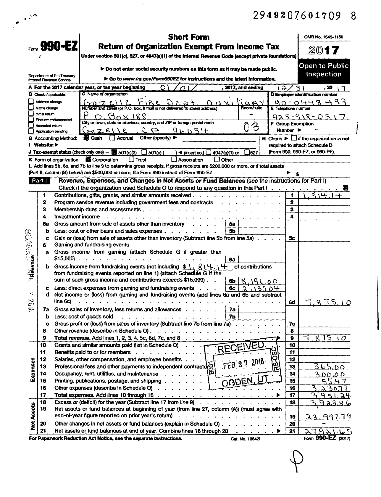 Image of first page of 2017 Form 990EZ for Gazelle Fire Dept Auxiliary