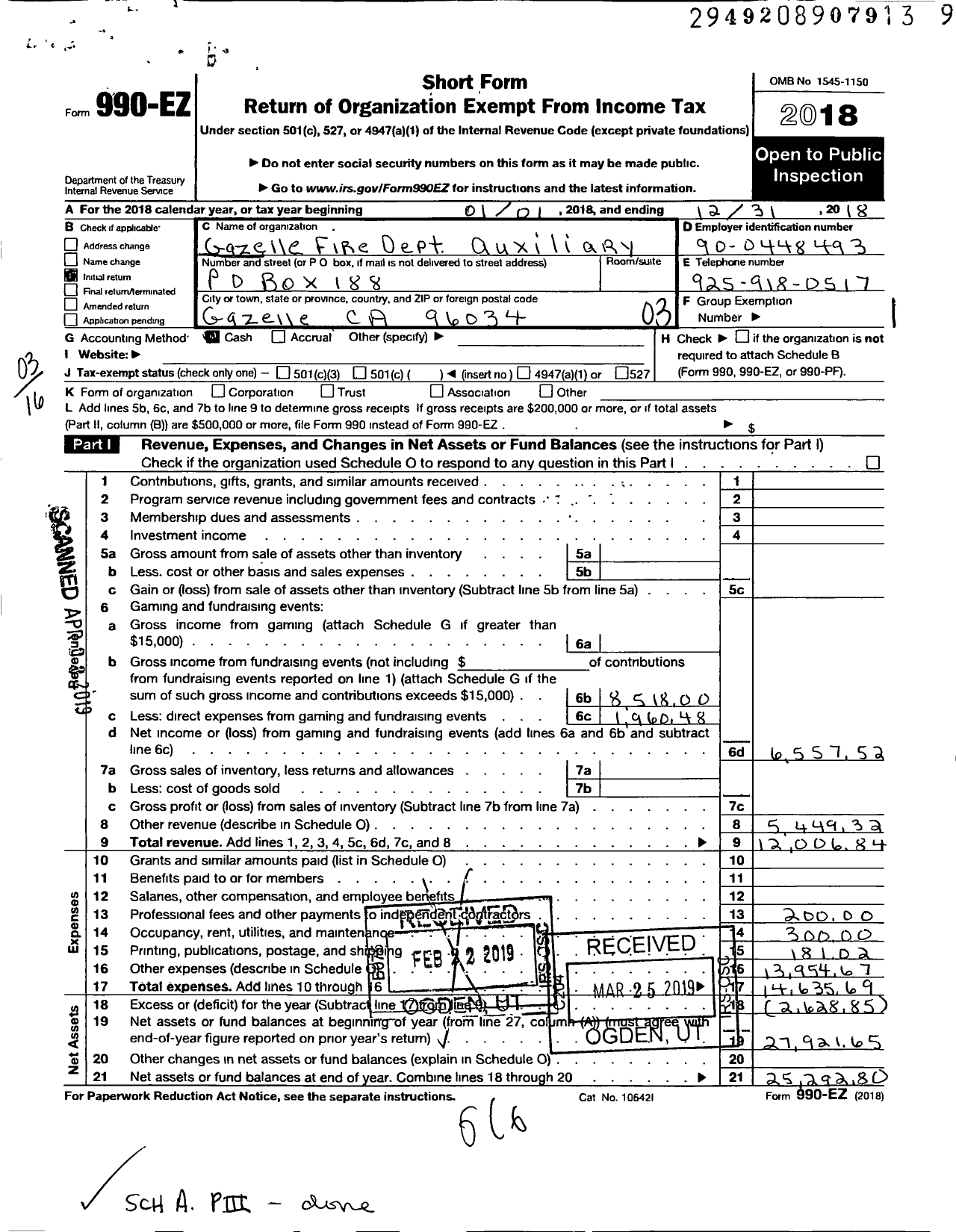 Image of first page of 2018 Form 990EZ for Gazelle Fire Dept Auxiliary