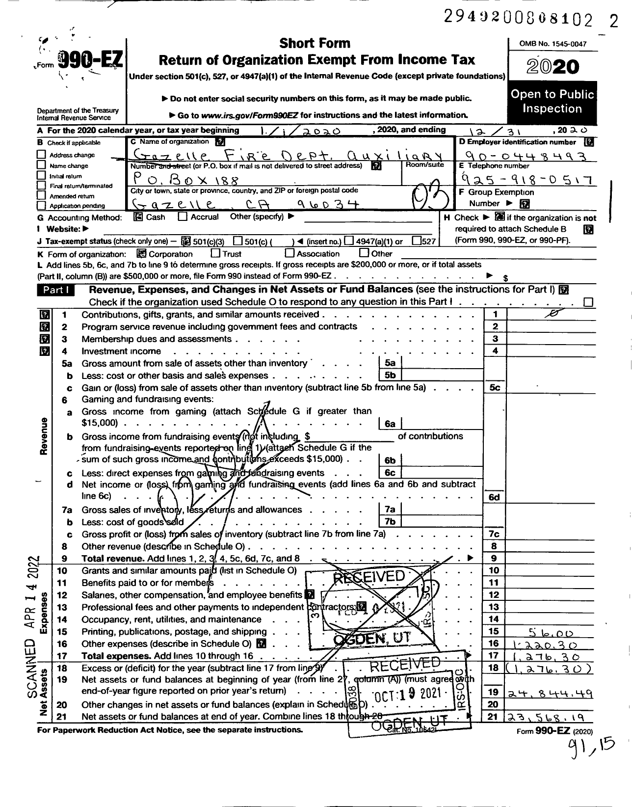 Image of first page of 2020 Form 990EZ for Gazelle Fire Dept Auxiliary