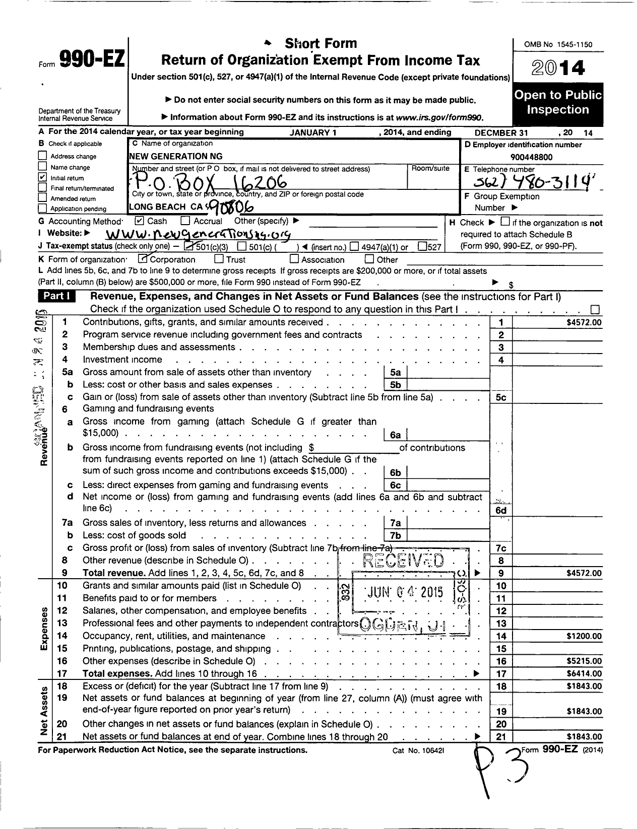 Image of first page of 2014 Form 990EZ for New Generations NG