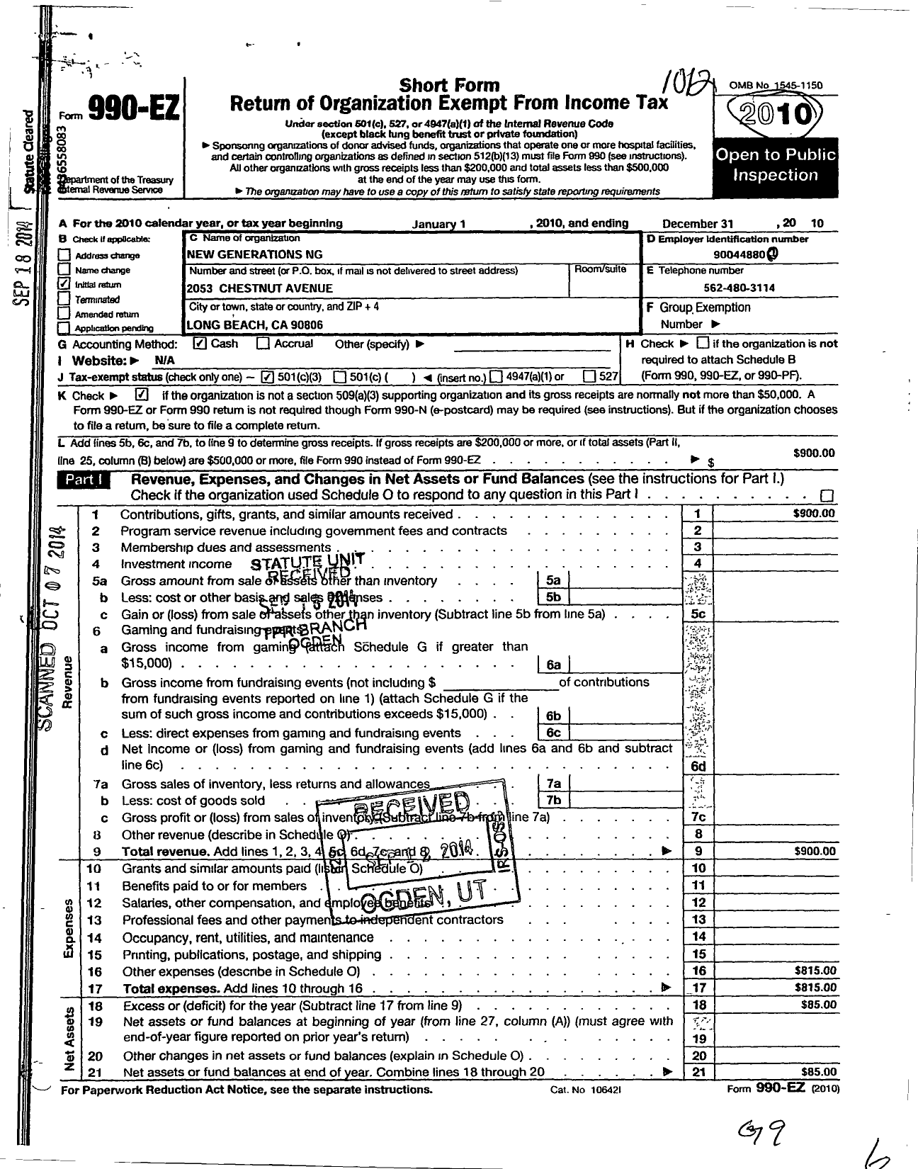 Image of first page of 2010 Form 990EZ for New Generations NG