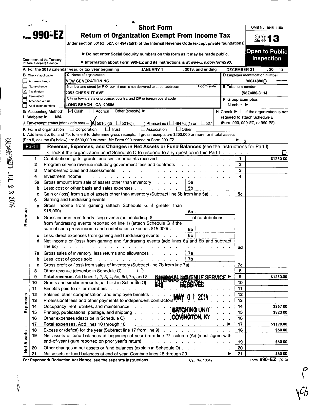 Image of first page of 2013 Form 990EZ for New Generations NG