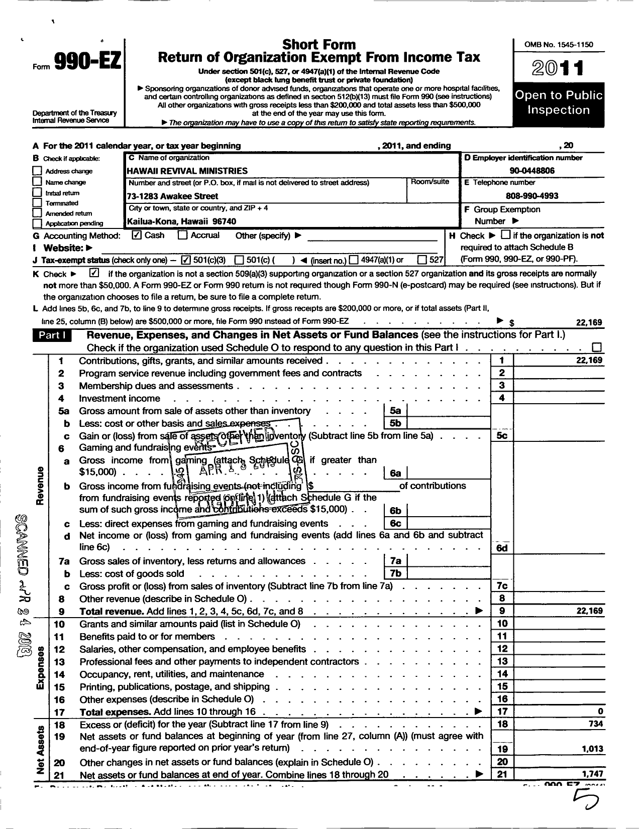 Image of first page of 2011 Form 990EZ for Hawaii Revival Ministries