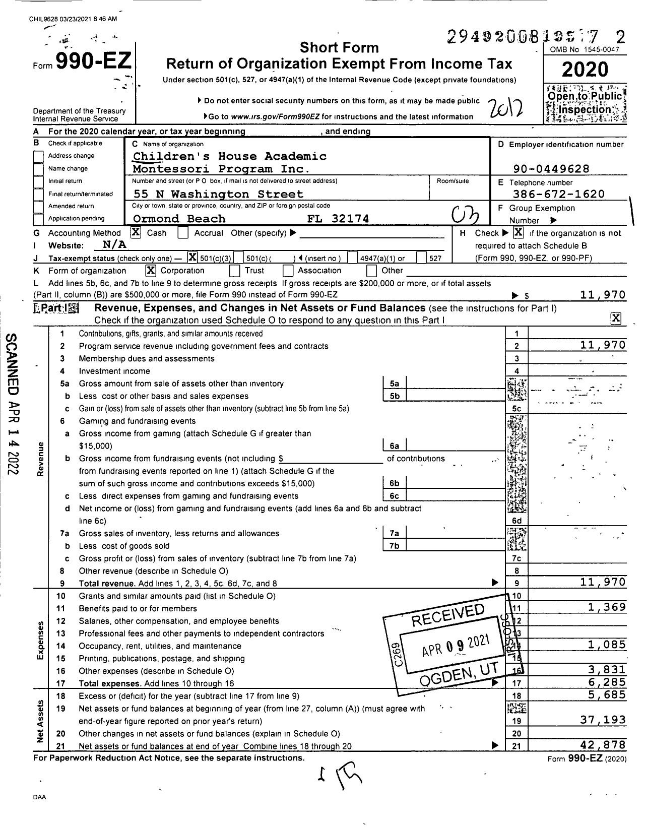 Image of first page of 2020 Form 990EZ for Children's House Academic Montessori Program