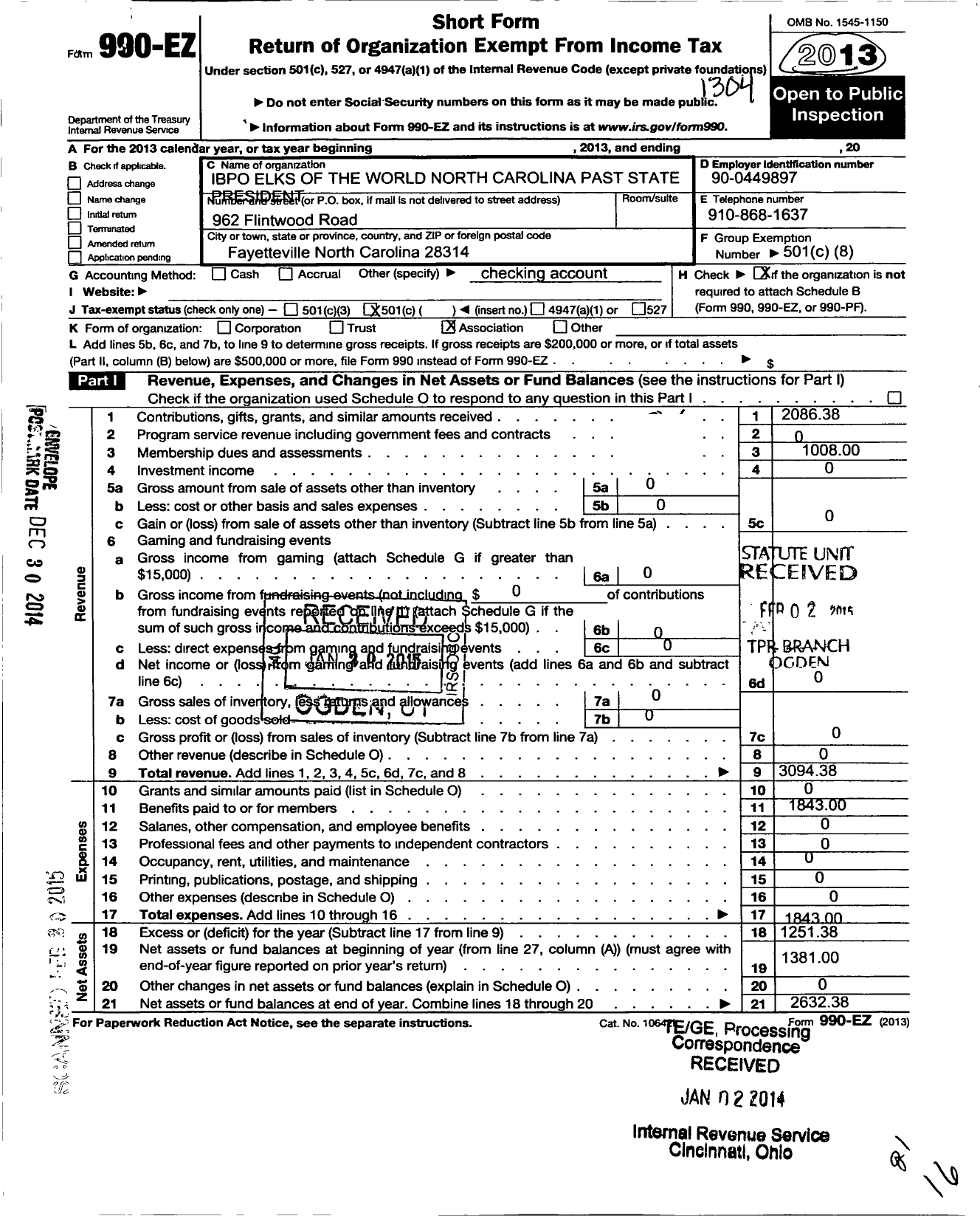 Image of first page of 2012 Form 990EO for I B P O Elks of the World North Carolina Past State President