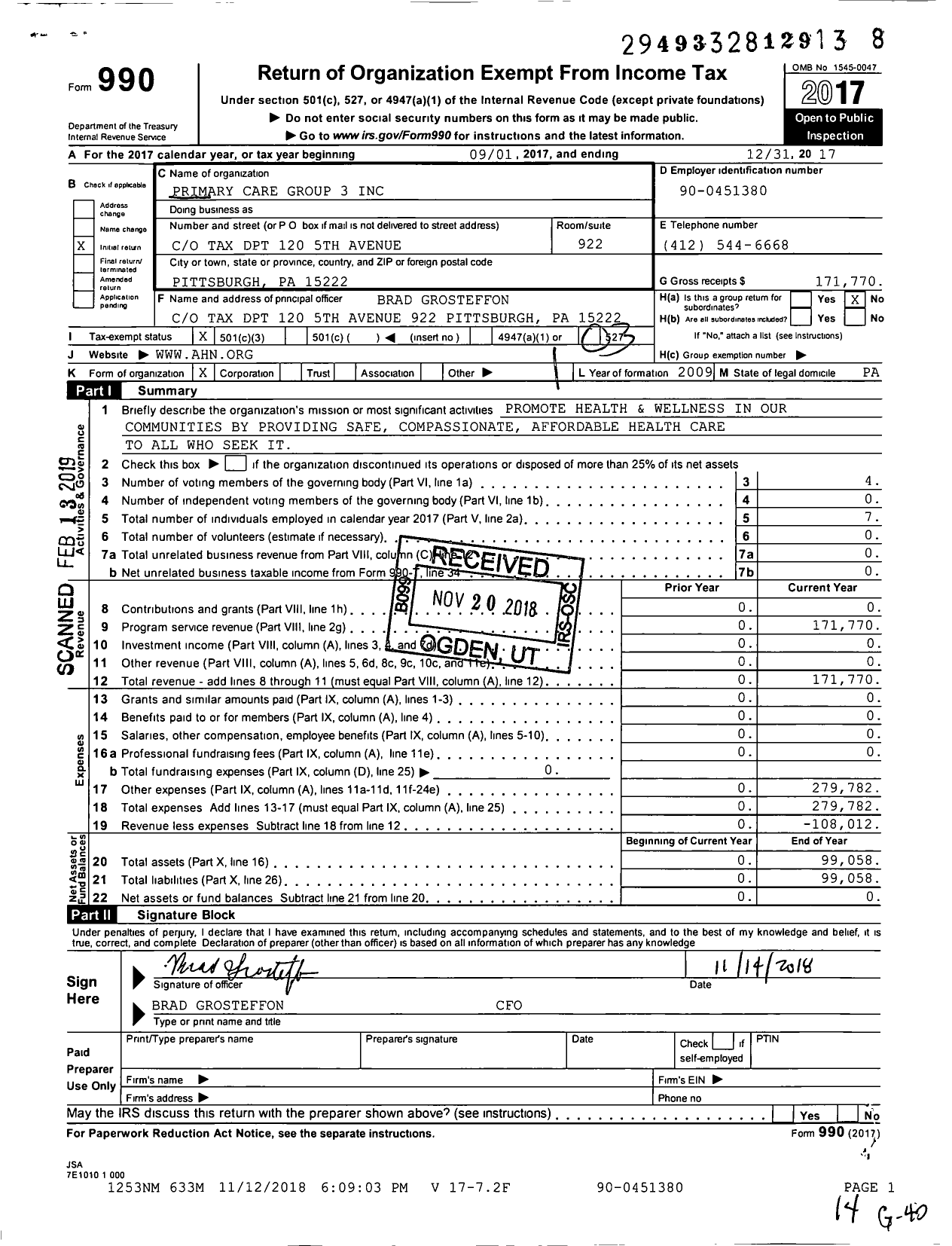 Image of first page of 2017 Form 990 for Highmark Health - Primary Care Group 3