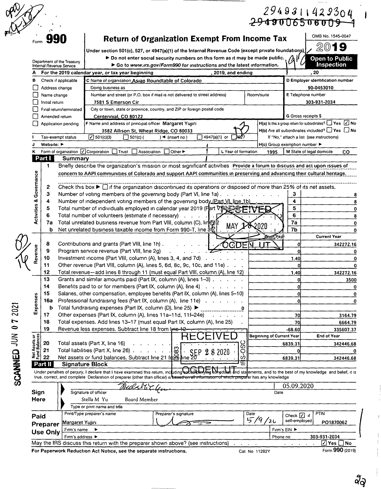 Image of first page of 2019 Form 990 for Asian Roundtable of Colorado