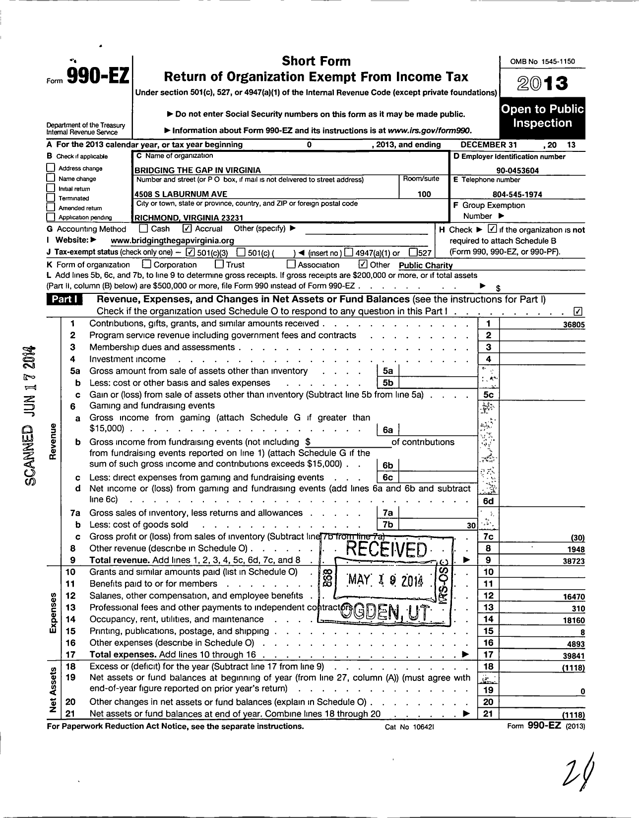 Image of first page of 2013 Form 990EZ for Bridging The Gap In Virginia