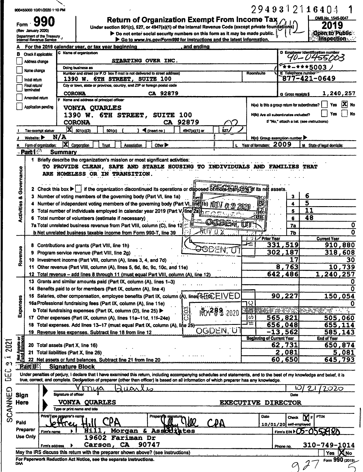 Image of first page of 2019 Form 990 for Starting Over