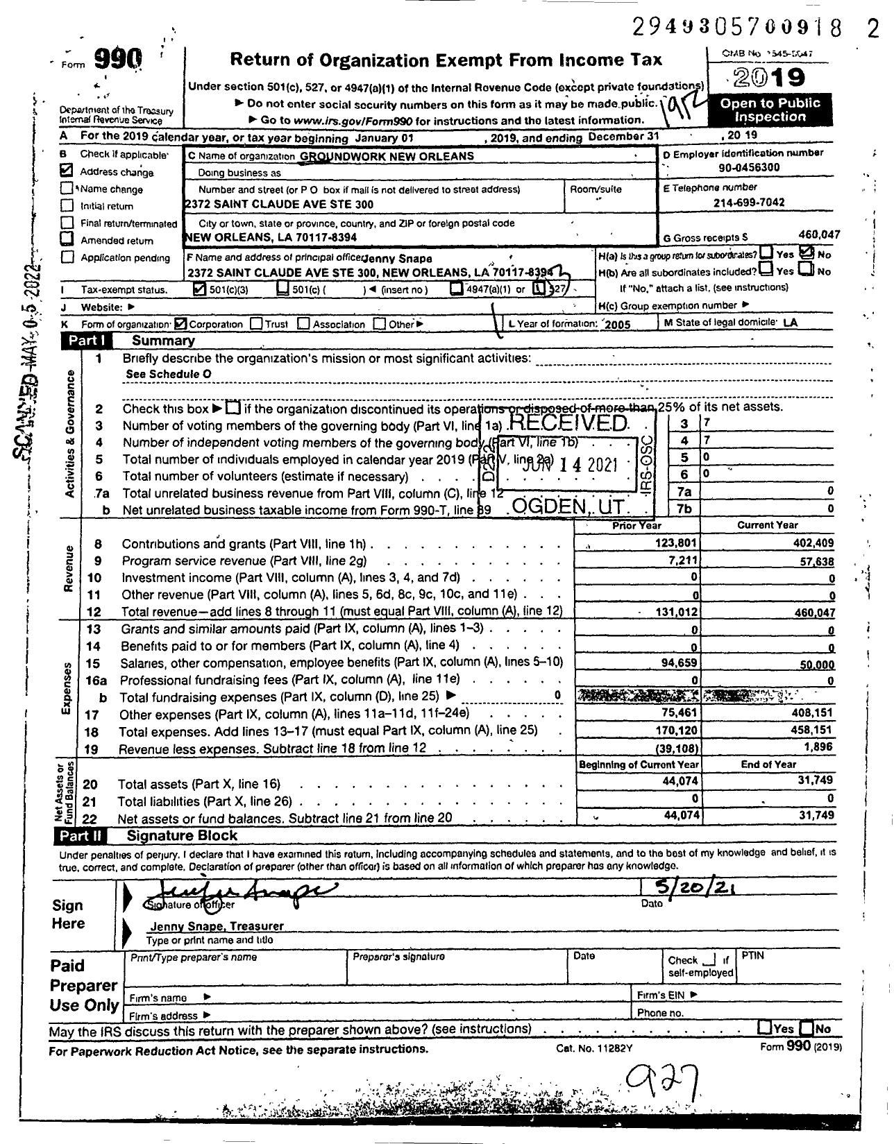 Image of first page of 2019 Form 990 for Groundwork New Orleans