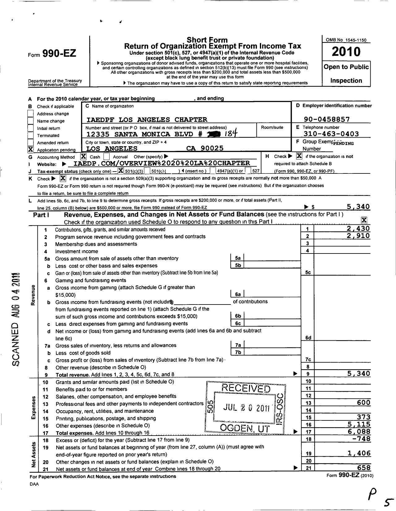 Image of first page of 2010 Form 990EZ for Iaedpf Los Angeles Chapter