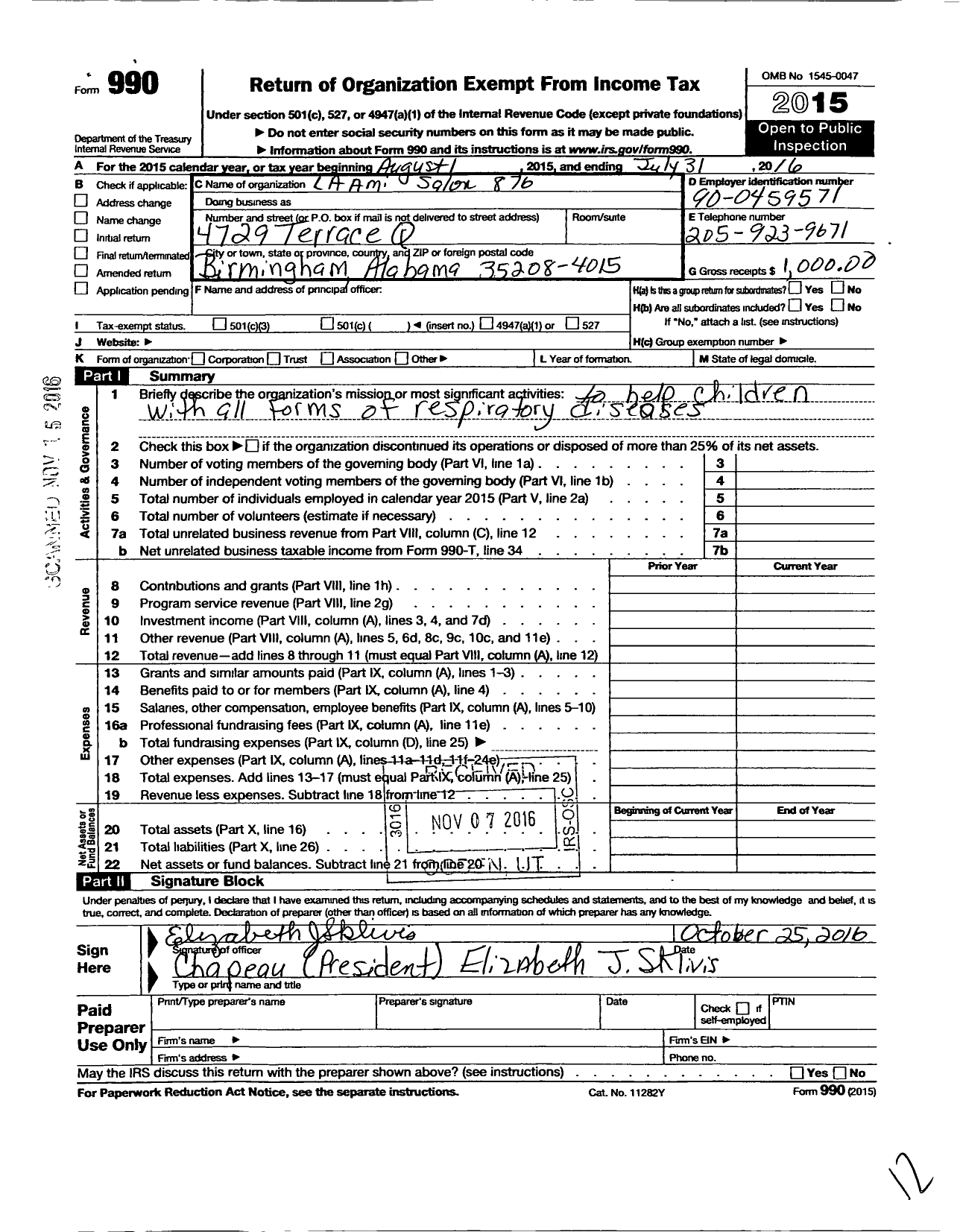 Image of first page of 2015 Form 990O for Salon National Laboutique Des Huit 214 - 876 Salon